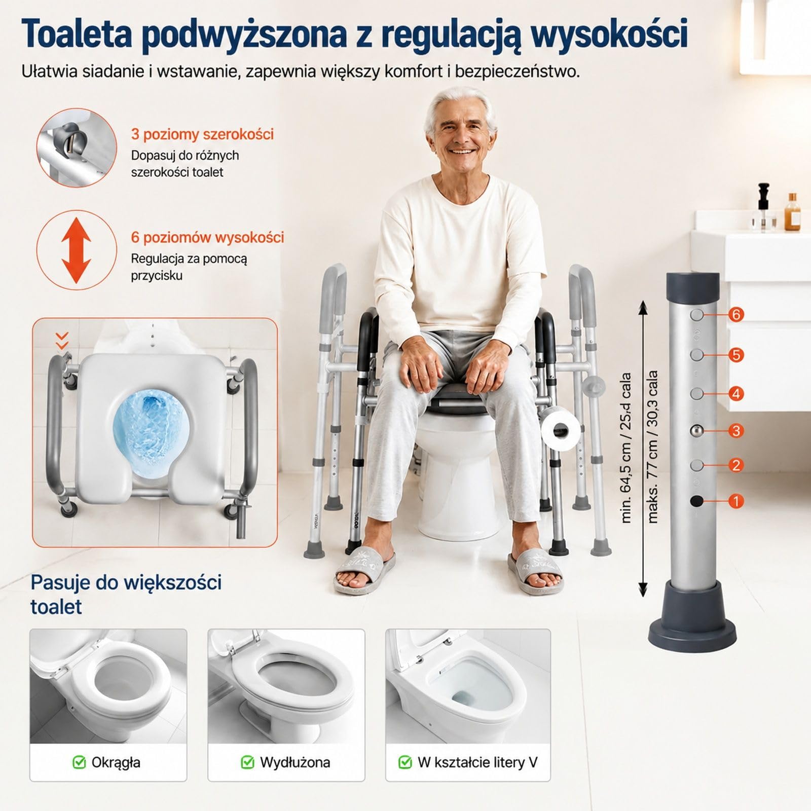 Regulowana podwyższona nakładka sedesowa z podłokietnikami, czterema nogami, miękko wyściełanym siedziskiem i ramą ze stopu aluminium