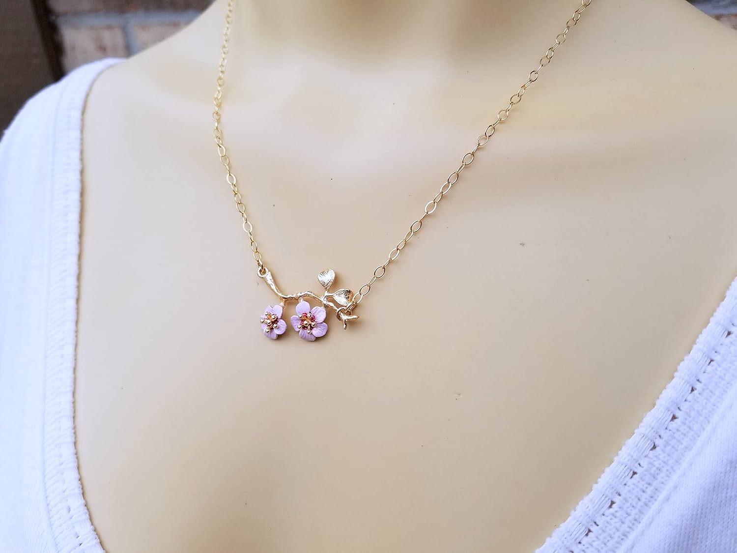 Cherry Blossom Flower Choker Necklace with Gold Filled Chain - Hand Painted Quality Handmade Gift