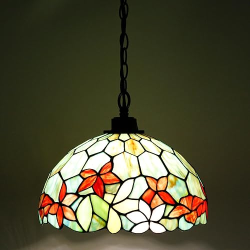 Miniatura 9 de Tiffany - Lámpara colgante con enchufe de vitrales de 12 x 12 x 181 pulgadas, lámpara colgante (flores rojas y verdes para comedor y sala de estar