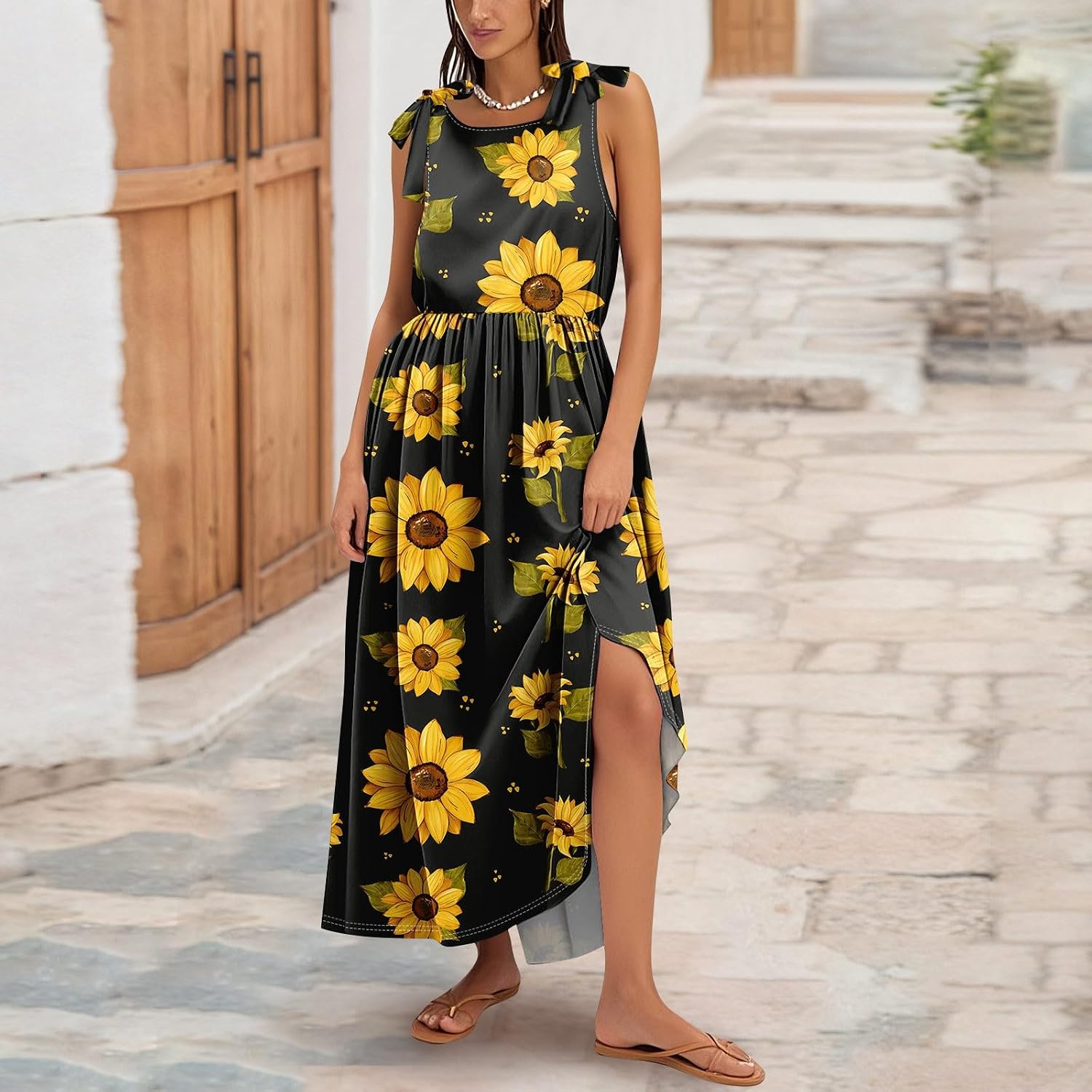 Summer Dresses for Women Boho Floral Maxi Dress Tie-Up Flowy Sleeveless A Line Swing Long Beach Vacation Sundress