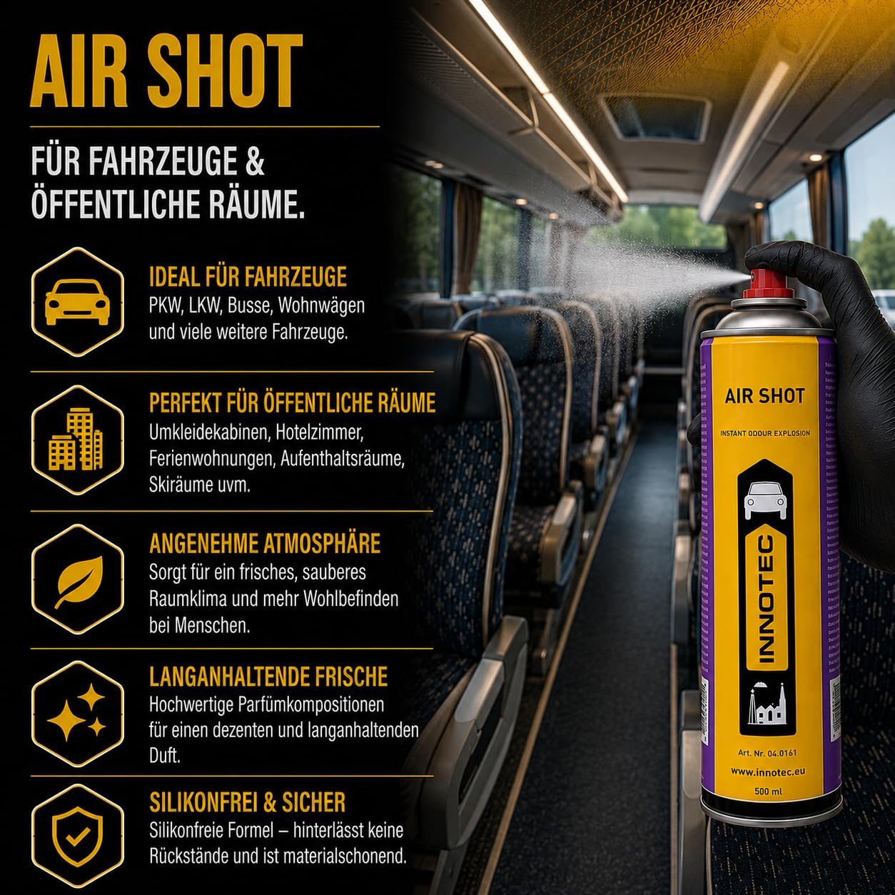 4Stück Innotec Air Shot Clean Grün Instant-Duftexplosion - Hochwertiger Duftspray - Spezielles Parfüm mit organischen Lösungsmitteln - Silikonfrei - leistungsfähiger Duft beseitigt unangenehme Gerüche