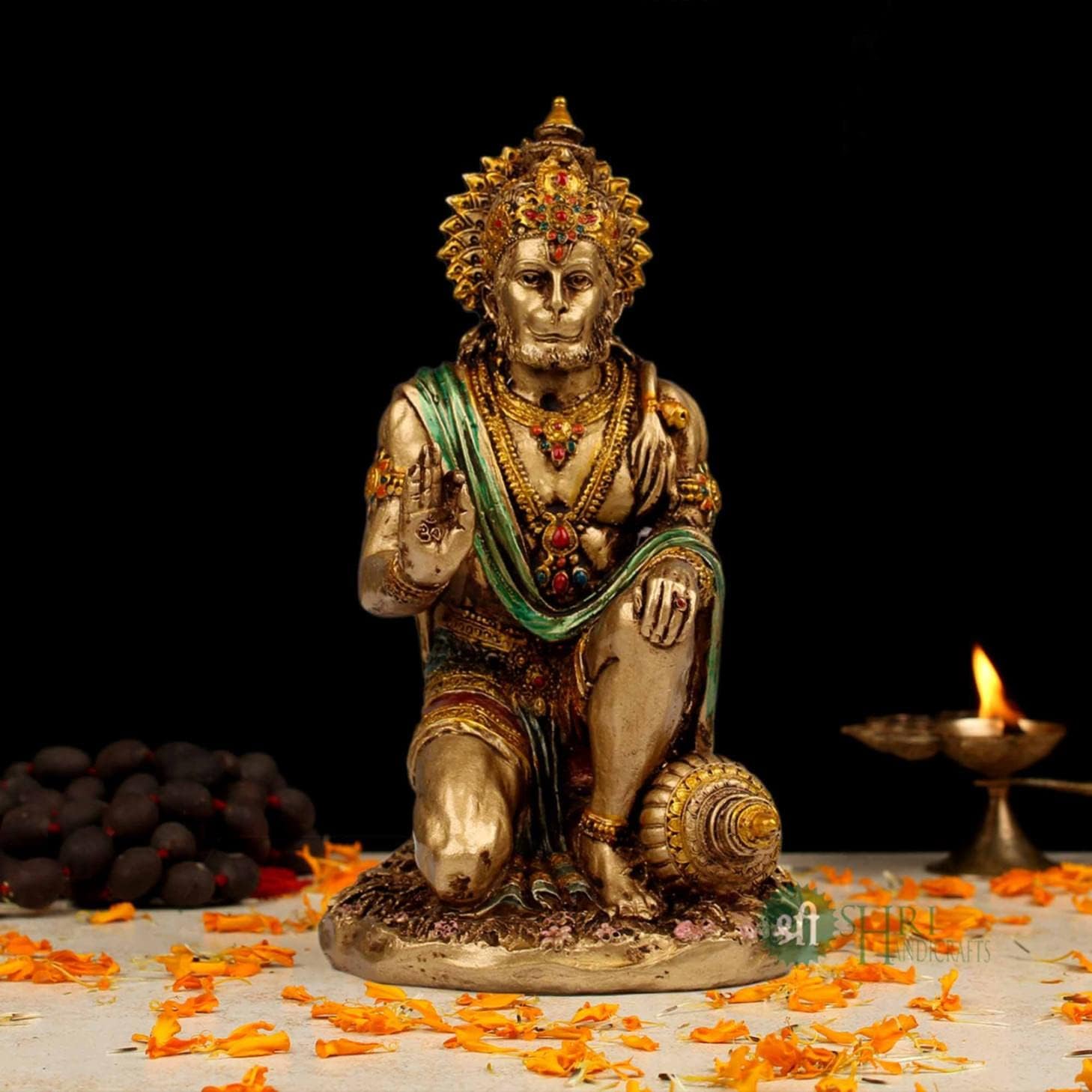 INDICAST 7" Hanuman Statue Sitting Metal Finish Idol Decorative Showpiece Handcrafted Hanuman Ji Murti for Home Office and Gifting Purpose Sculpture, Golden, Pack of 1, Religious