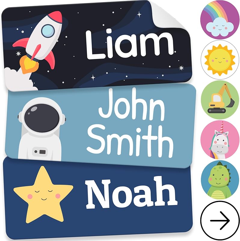 Etiquetas de nombre personalizadas para niños (70 etiquetas) – Pegatinas de nombre personalizadas duraderas e impermeables para etiquetas de ropa, útiles escolares, campamentos y guarderías – Galaxy (1.2"x0.5")