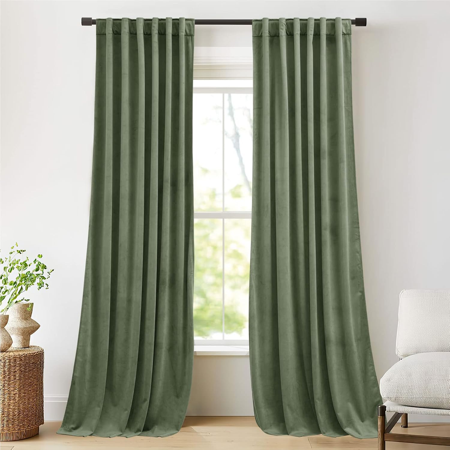 NICETOWN Sage Green Blackout Velvet Curtains 96 inches Long