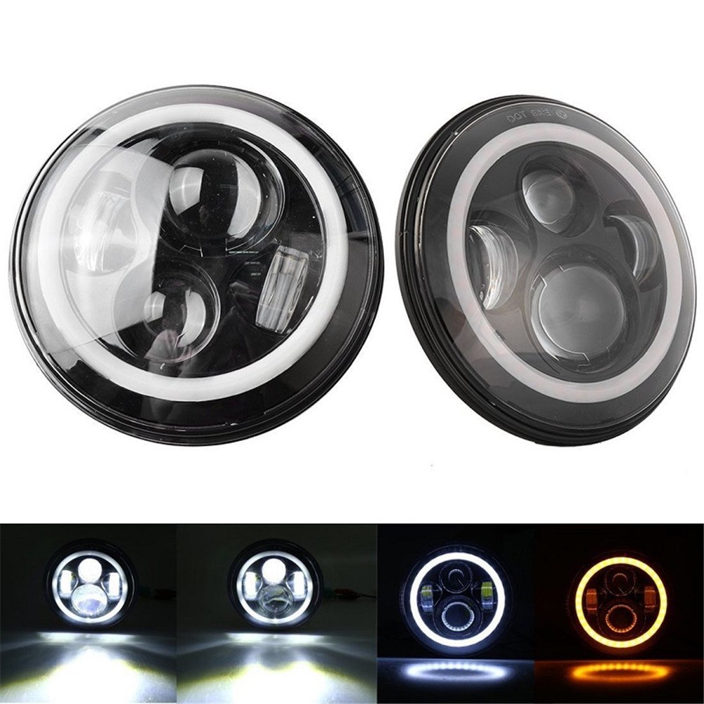 Senled 2pcs 7 Inch Led Headlight H4 DRL Round 7'' Headlights with Yellow & White Angel Eye for Jeep Wrangler Lada Niva 4x4 50W 30W