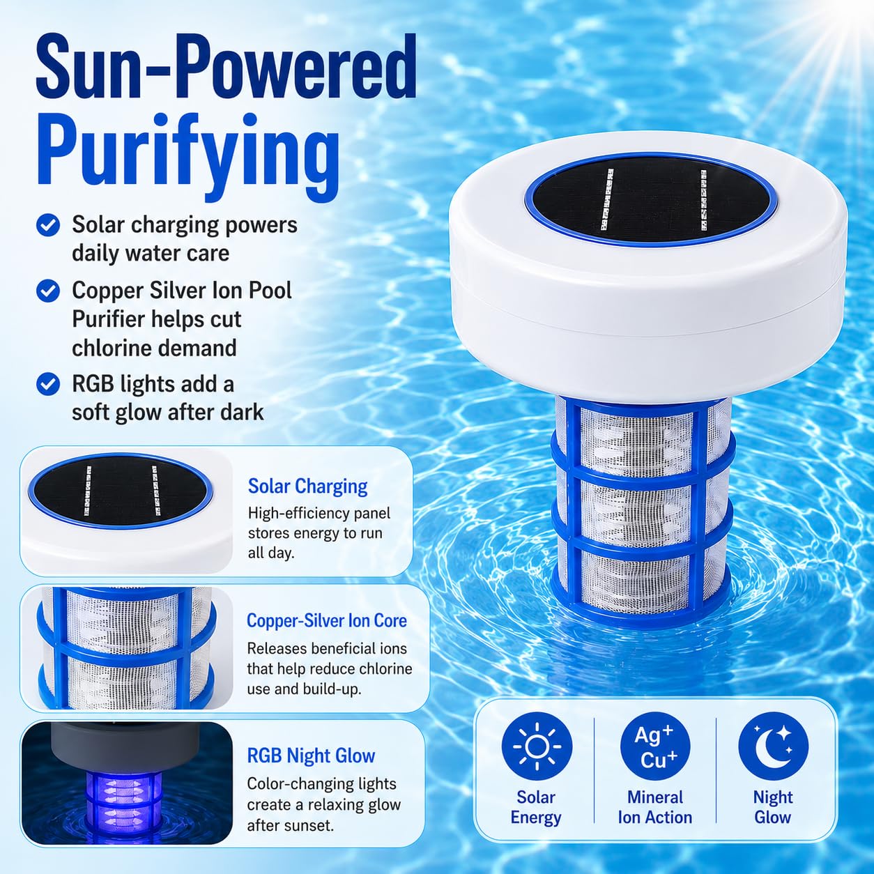 Pulitore solare ionizzatore per piscine, purificatore d'acqua agli ioni di rame e argento, con 2 set di accessori, senza cloro, per piscine fuori terra, spa e vasche idromassaggio