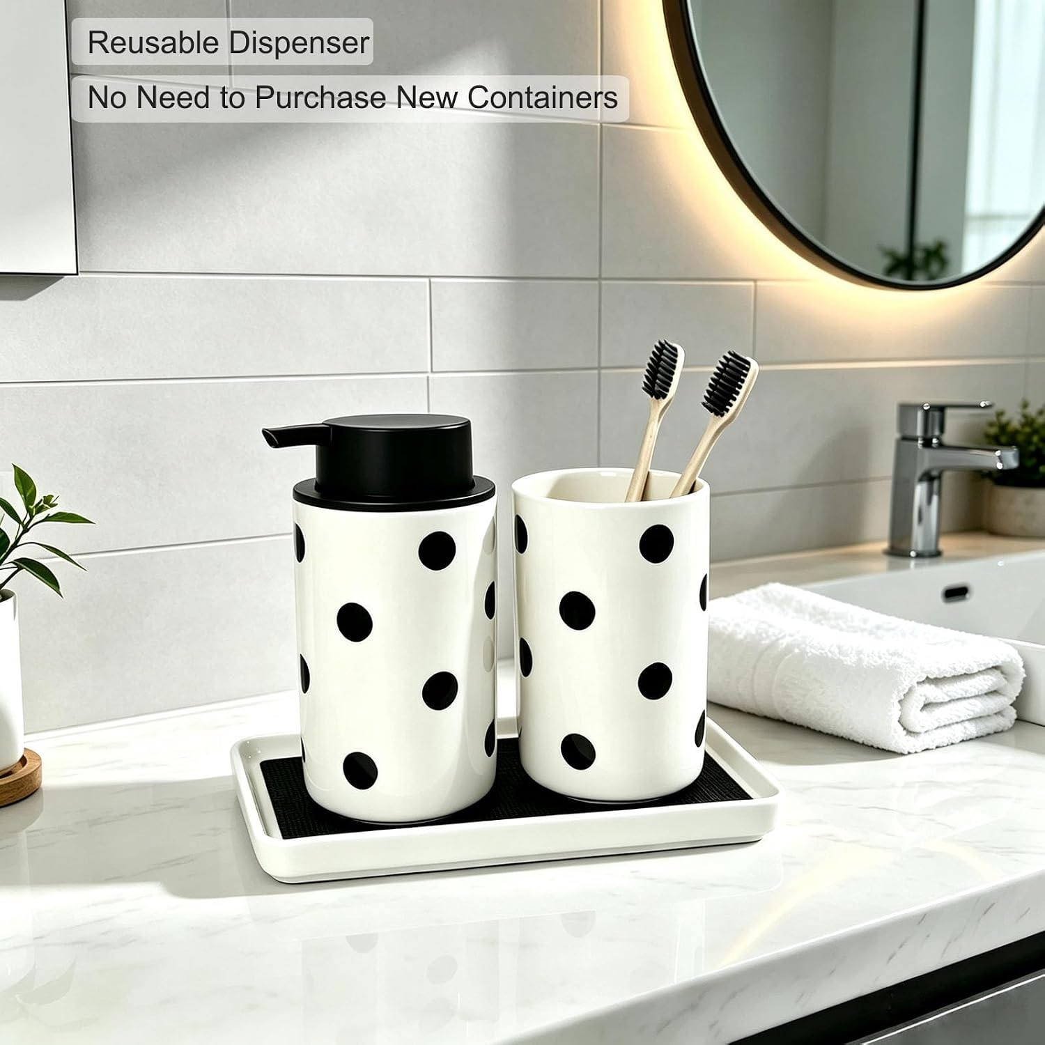 Ceramic Liquid Soap Dispenser, Cute Black and White Lotion Hand Soap Dispenser with Black Pump for Bathroom, Refillable Decorative Bottle for Bathrooms Kitchen Countertop-Polka Dot
