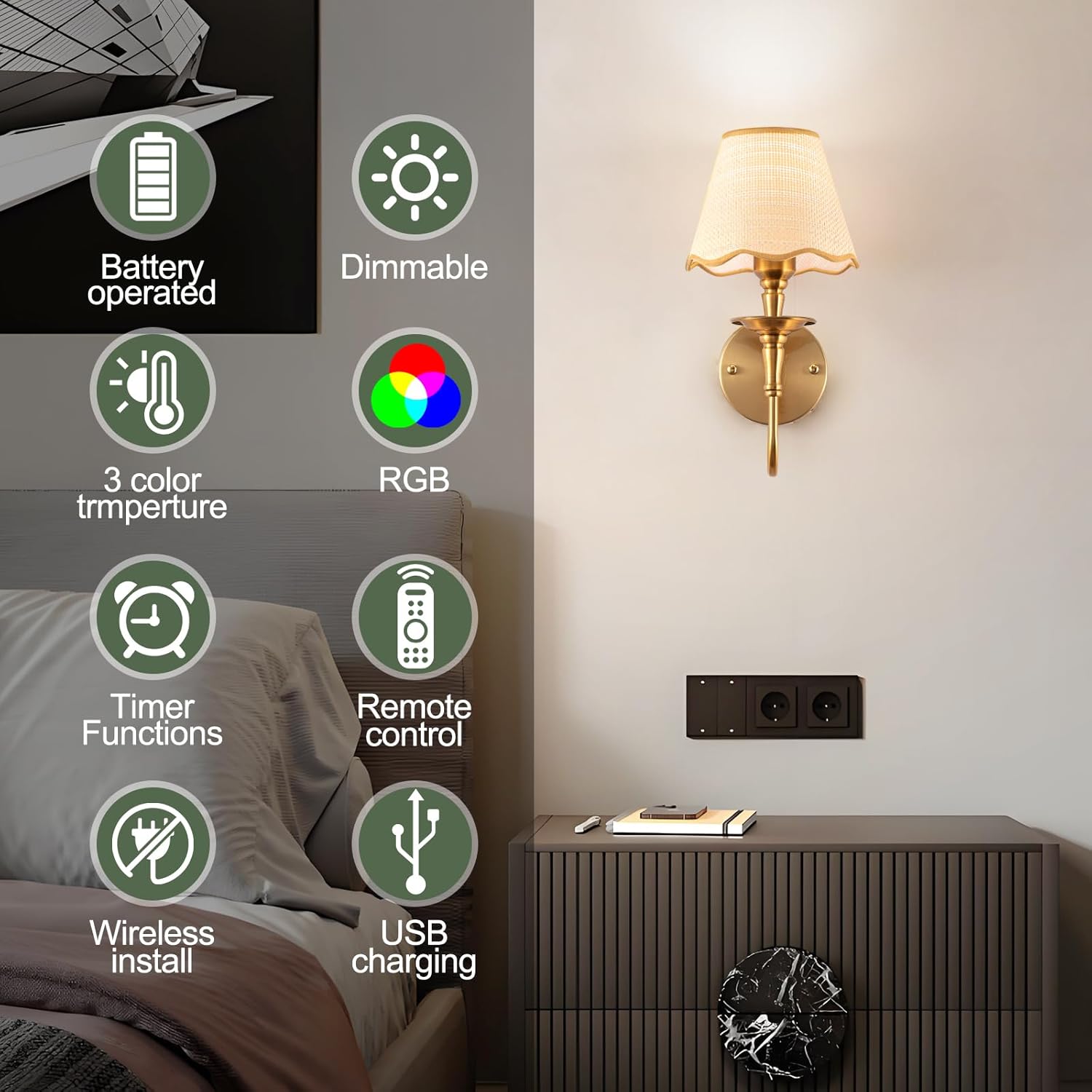 EIDISUNY Battery Operated Wall Sconces Set of 2, Rattan Shade Wireless Wall Sconces, RGB Rechargeable Dimmable, Brass-Color Vintage Wall Sconce for Bedroom, Living Room, Hallway Bulbs Included