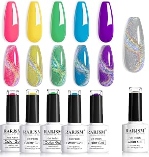 RARJSM Neon Gel Nail Polish Set Cat Eye Gel Nail Polish Set Silver Glitter GelPolish Irridescent Colors Neon Green Yellow Hot Pink Purple Blue 6 Piece Set 7.5ML Curing Required