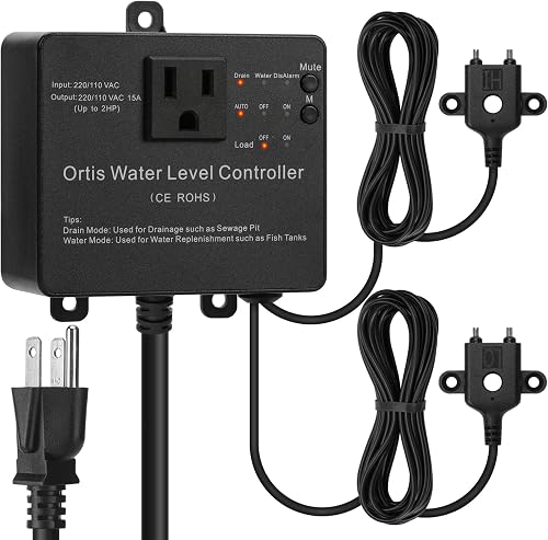 Hi-Lo Sump Pump Switch - Ortis Electronic Water Level Controller with Dual Stainless Steel Sensors, Adjustable Float Switch Replacement, 110/220V for Water Tanks, Sewage Pits & Aquariums, Black