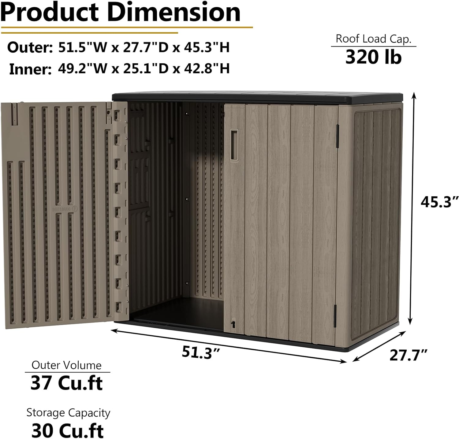 ZZM 37 Cu.ft Outdoor Storage Shed Double-Wall HDPE Storage Cabinet, Waterproof Plastic Sheds with Floor Horizontal Lockable Garden Tools Trash Can, Lawn Mower, Bike Storage, Brown