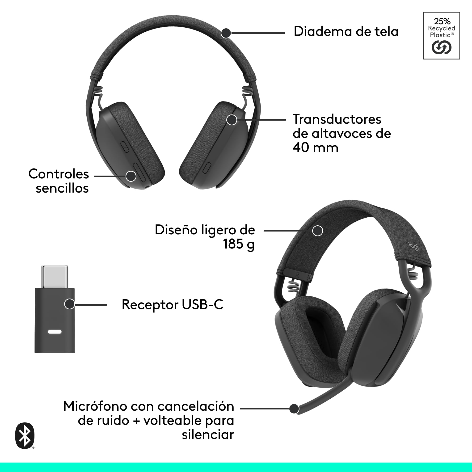 Logitech Zone Vibe Wireless Bluetooth® Auriculares | Micrófono con supresión de ruido, USB-A, USB-C, Google Meet, Google Voice, Zoom, Mac/PC - Gris
