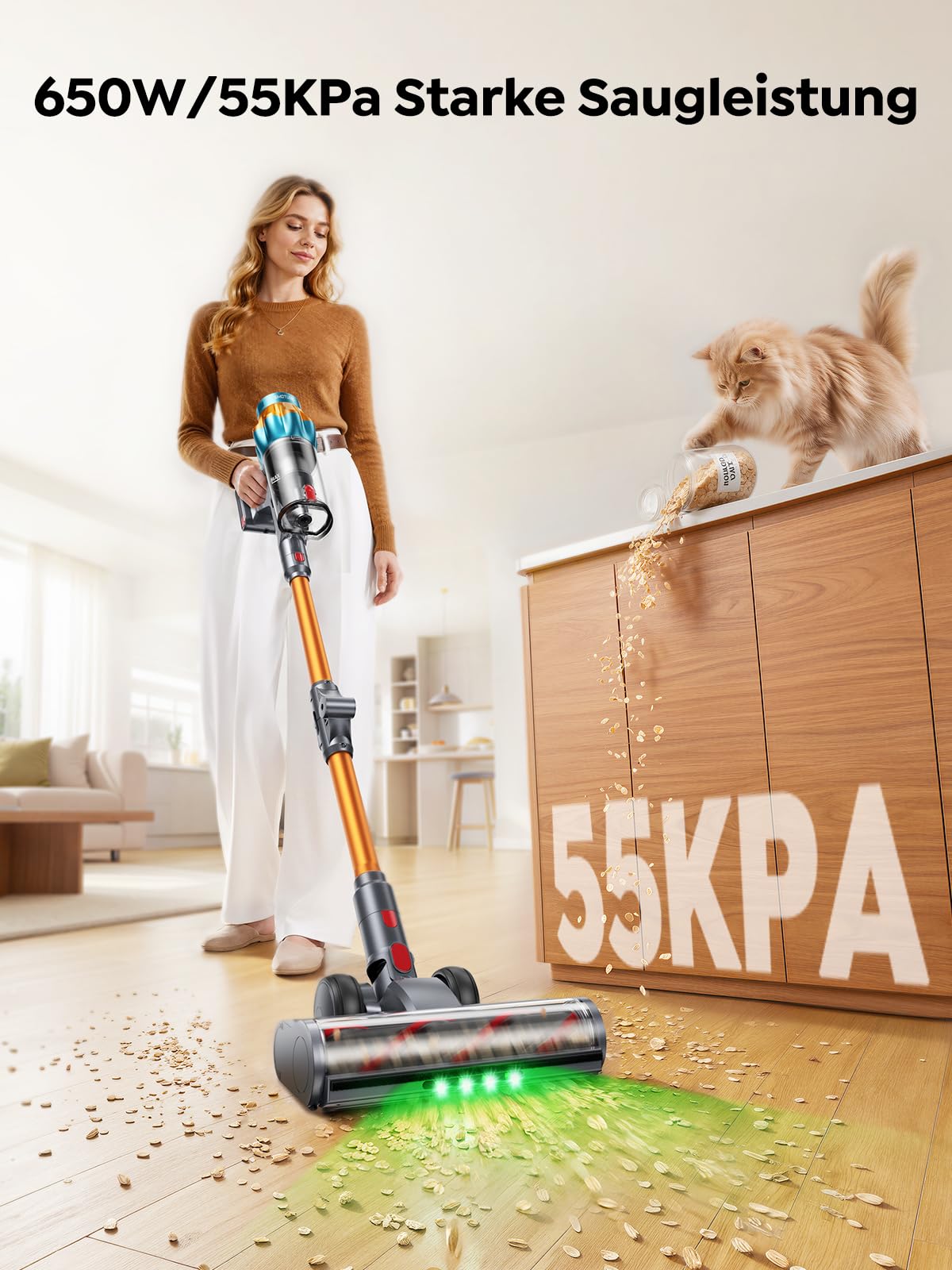 SMOTURE Akku Staubsauger mit 1.5M Schlauch, Aromafunktion, Touchscreen,Anti-Tangle-Bürste,Selbststehend für Tierhaare/Teppiche/Hartböden/Auto