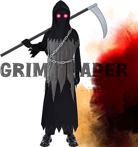 Miniatura 2 de Disfraz de la parca para niños, disfraz de Halloween con ojos brillantes para niños