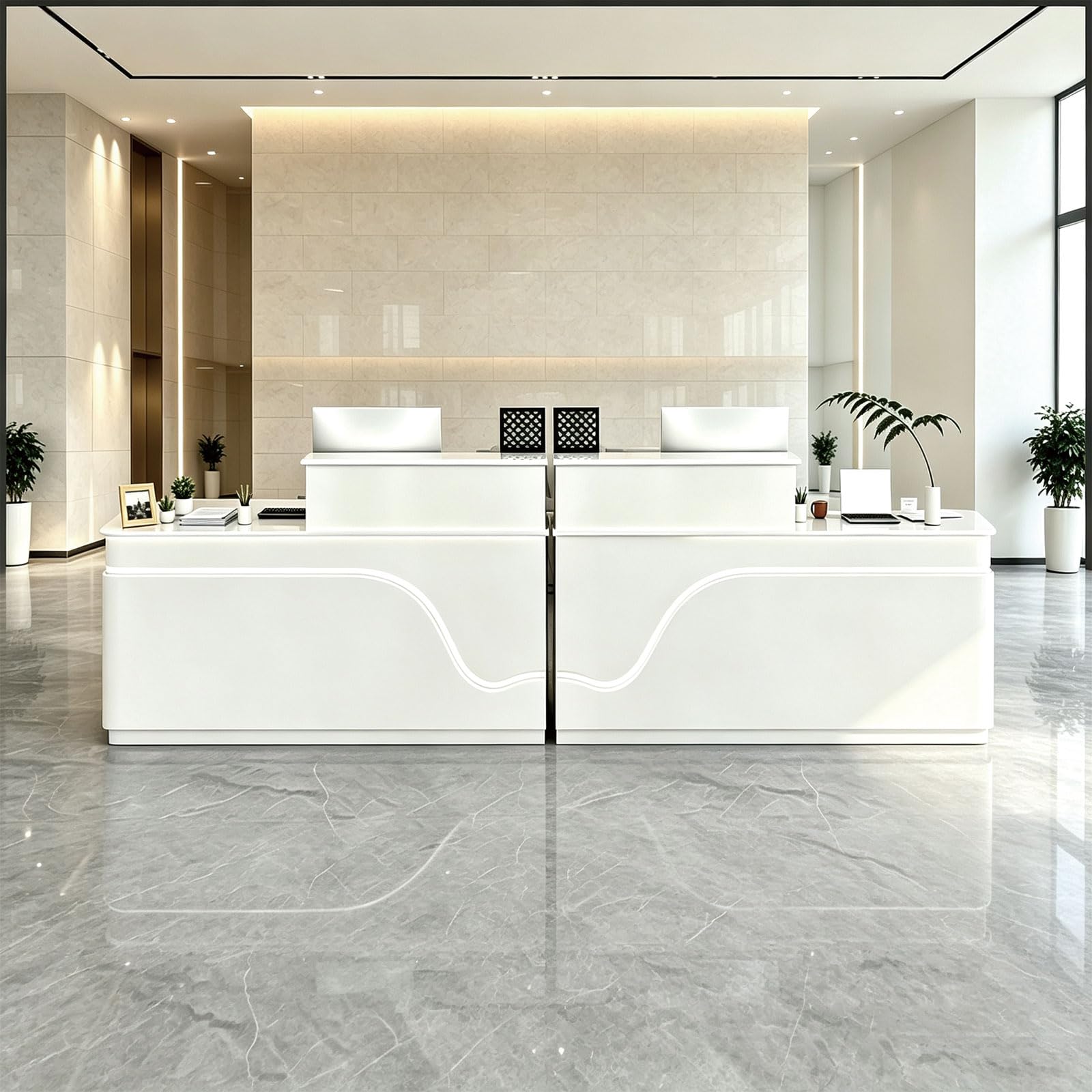 63-inch L-Shaped White Reception Desk, Modern Front Desk, Office