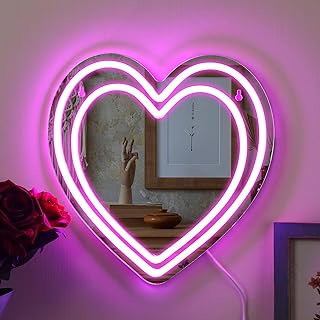 Heart Mirror Neon Sign Powered LED Light Pink 12