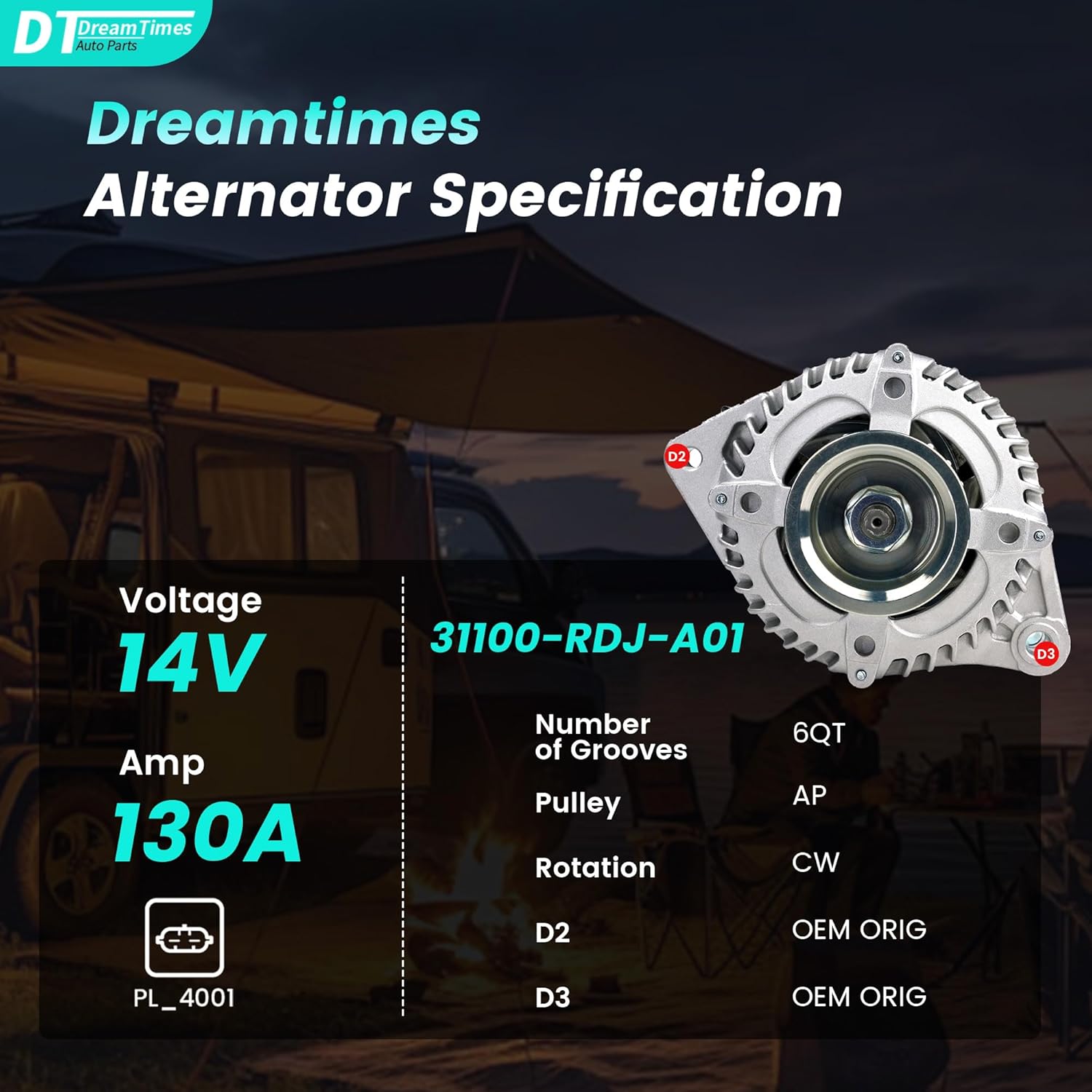 Dreamtimes High Output Alternator for/Honda Odyssey 2005-2007 Pilot for/Ridgeline 2007 2008 for/Acura MDX RL TL 3.2L 3.5L 3.7L, 130Amp 12V CW 6-Groove Pulley, OE Replacement # 31100-RDJ-A01