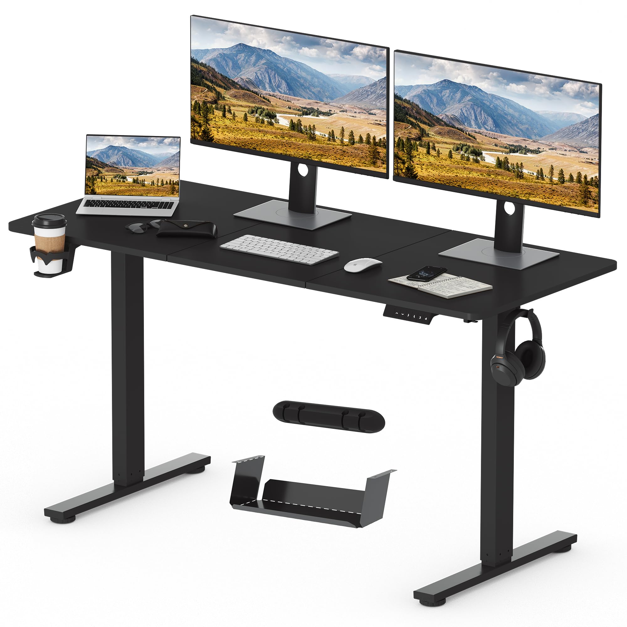 SANODESK Elektrischer Höhenverstellbarer Schreibtisch einfach mit Tischplatte, Memory Funktion und Haken, Schreibtisch Höhenverstellbar Elektrisch für Heimbüro, Homeoffice und Hause