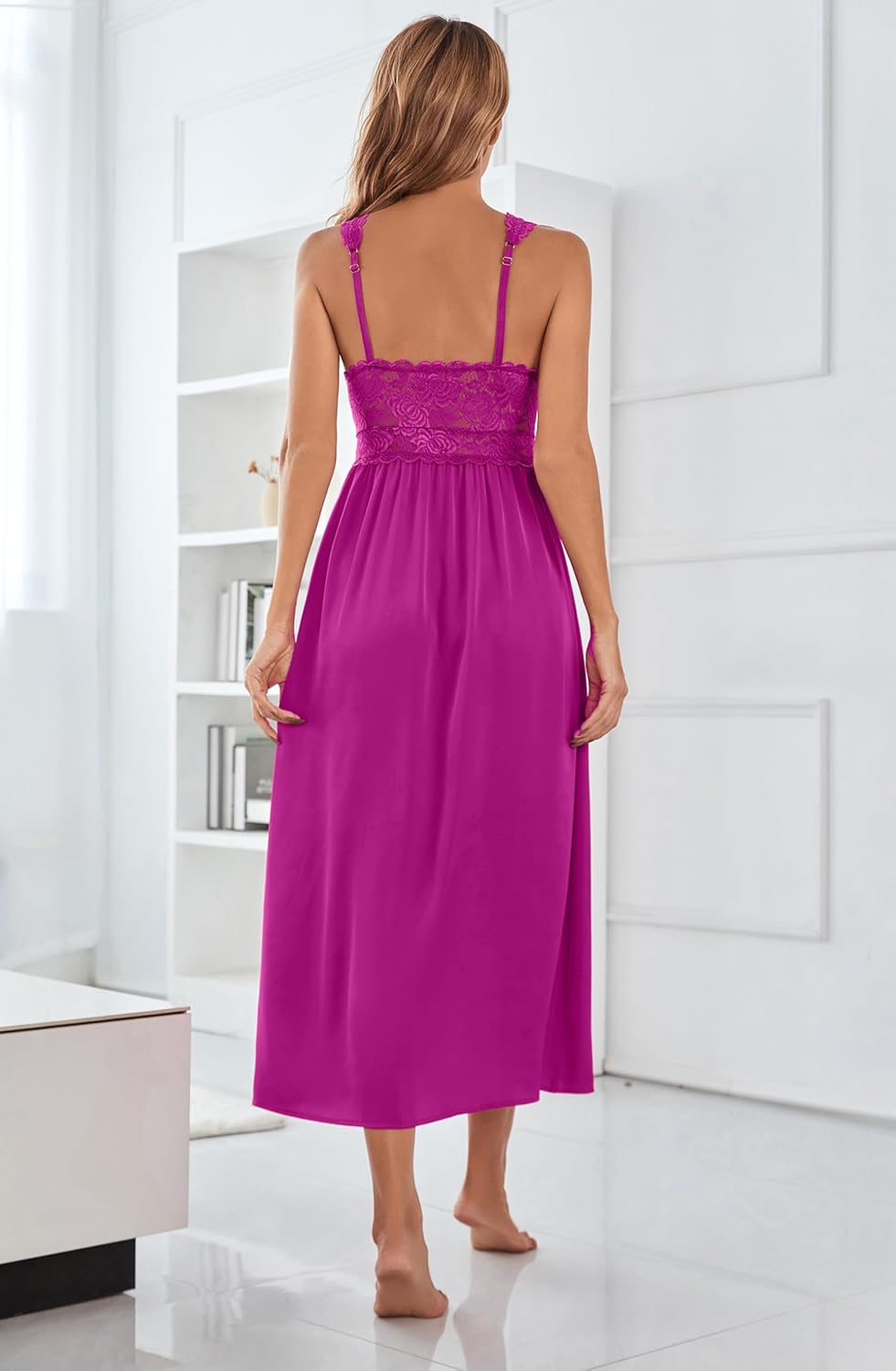 Mist Azur Womens Sexy Lace Long Lingerie Mesh Chemise V Neck Babydoll Nightdress with Thong Nightgown for Women - Image 2