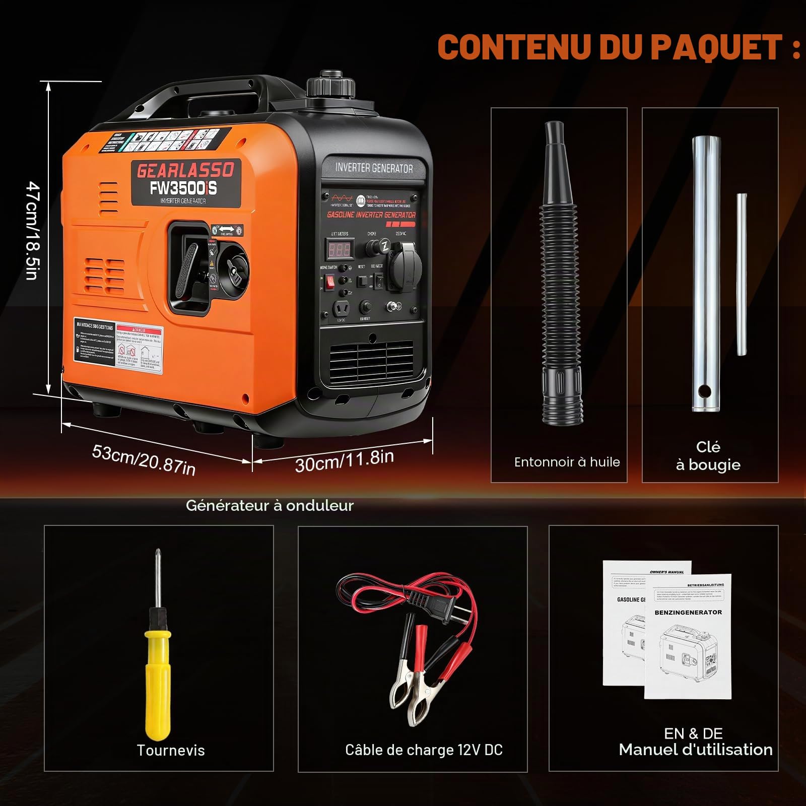 Générateur de courant onduleur 3300 W à essence - Générateur de courant à essence super silencieux - Générateur 4 temps avec USB pour camping, camping-car, maison ou chantier