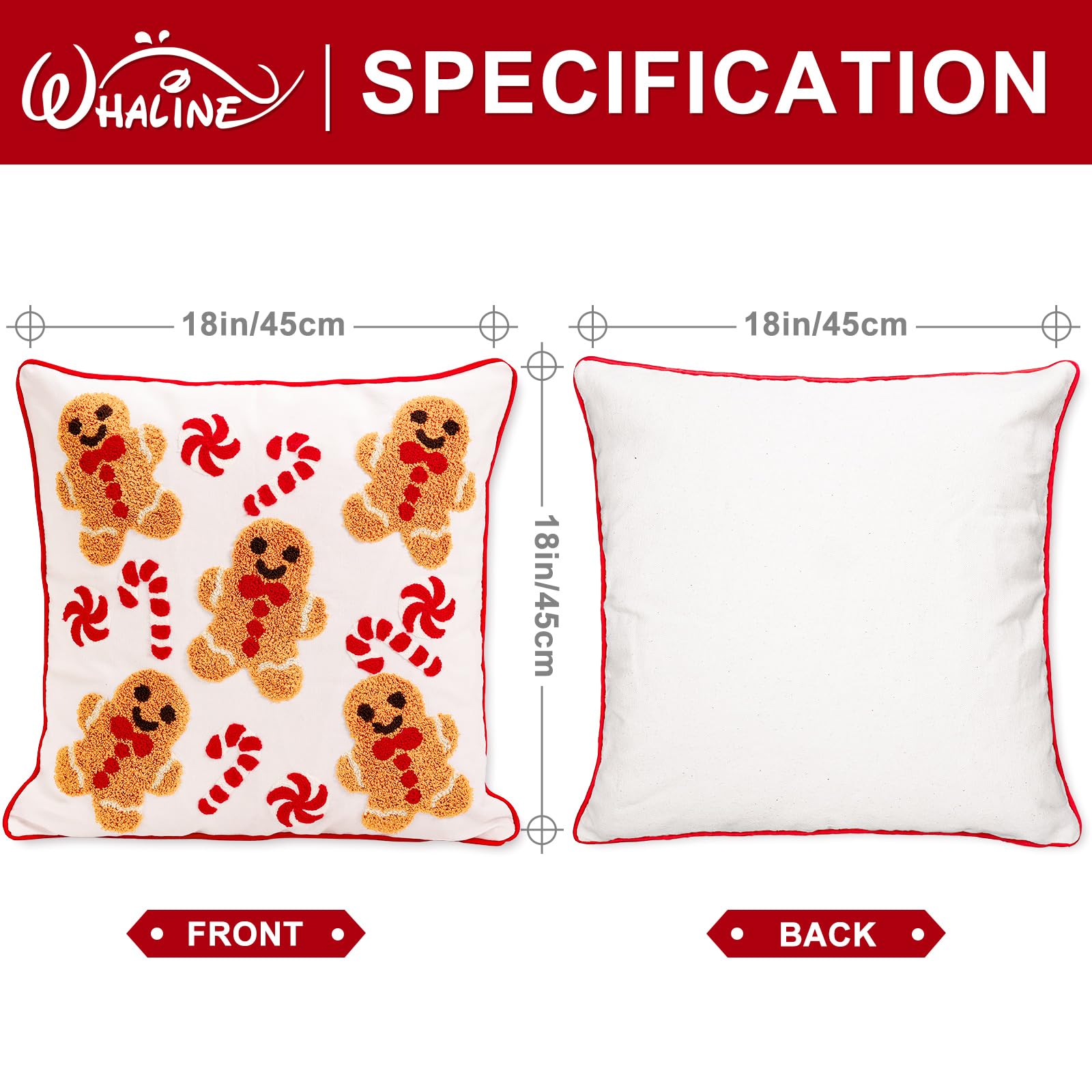 Whaline Lot de 2 housses de coussin touffetées de Noël - Motif bonhomme en pain d'épices - Rouge et blanc - 45,7 x 45,7 cm