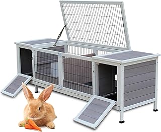 Rabbit Hutch, Rabbit Cage with Run Indoor Bunny Hutch Outdoor Rabbit House with Deeper No Leak Trays