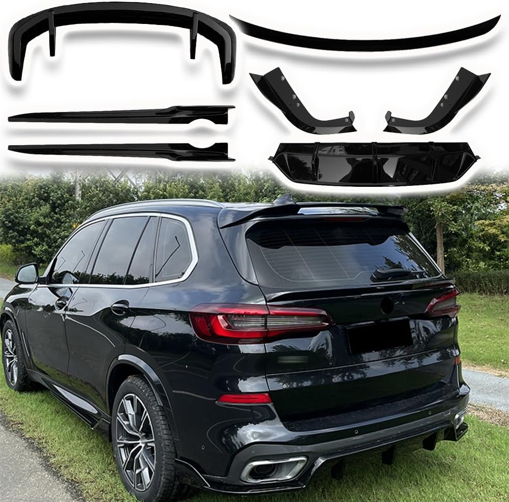 Rear Trunk Window Roof Top Spoiler Wing+Side Skirts+Rear Bumper Diffuser Lip+ Tail Mid Rear Middle Spoiler Boot Wing Lip Compatible with BMW X5 G05 LCI M Sport 2023+ Auto Body Kits (Glossy Black)