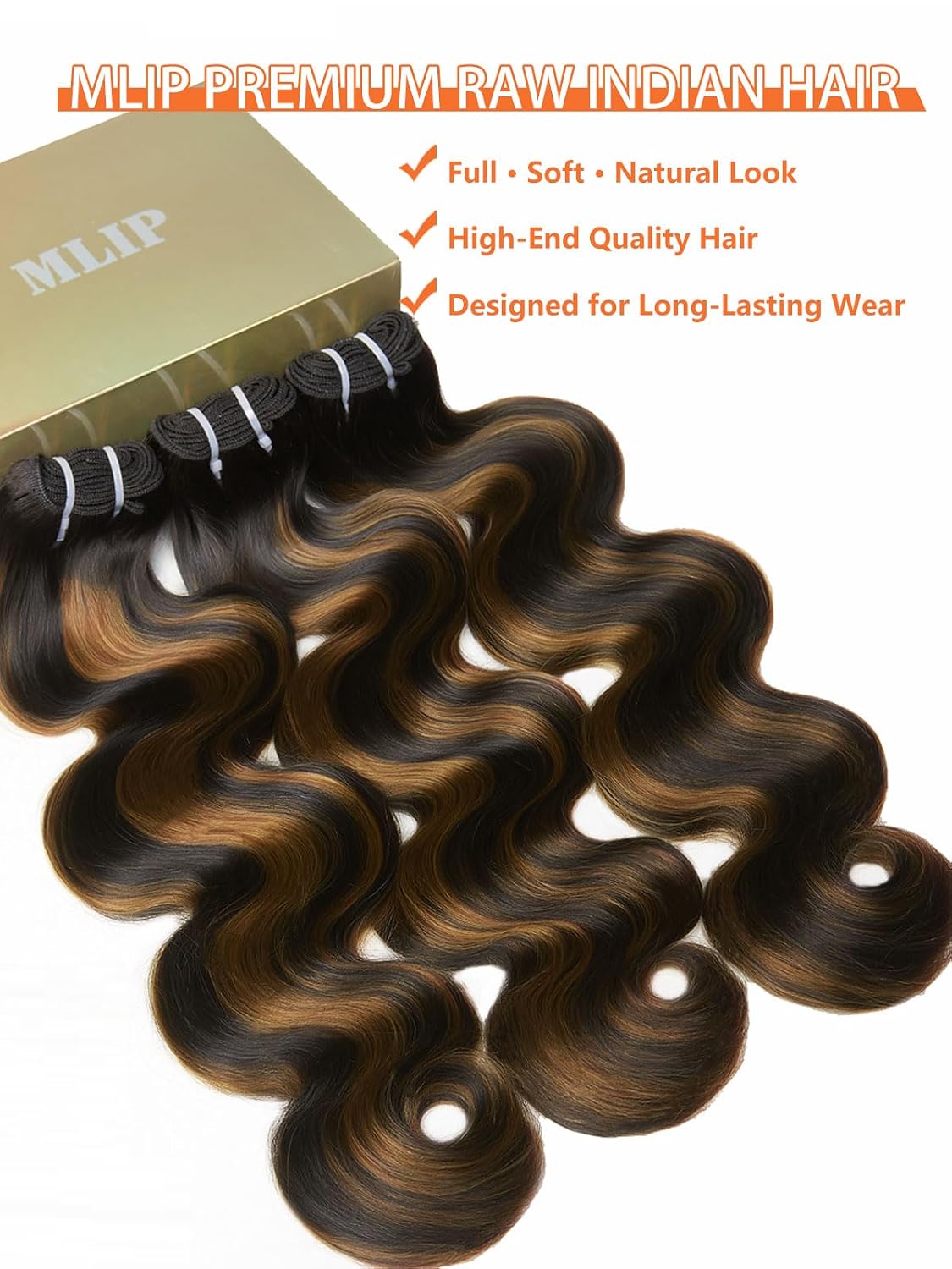 MLIP Body Wave Bundles Human Hair, 100% Raw Indian Hair, Full & Thick, No Tangle No Shedding, Silky Soft After Multiple Washes, Lasts 3X Longer, 1B/30 Highlight, 3 Bundles 26 28 30 Inch