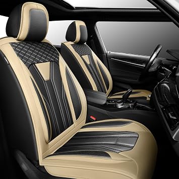Fit Explorer Car Seat Covers Premium Leather for Ford Explorer 2004-2025 2026. Waterproof, Anti-Slip, Scratch-Resistant & All-Weather Seat Cushion Protector 2 Front Seat, Beige&Black