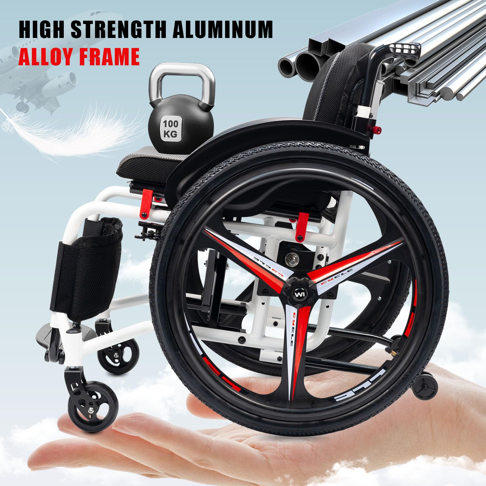 Silla de Ruedas Deportiva Manual Plegable - Ultraligera de Aleación de Aluminio,carga 100 kg,silla De Ruedas De Transporte Plegable Deportiva,Freno de mano, liberación rápida(Seat width 42cm/16.5in,A)