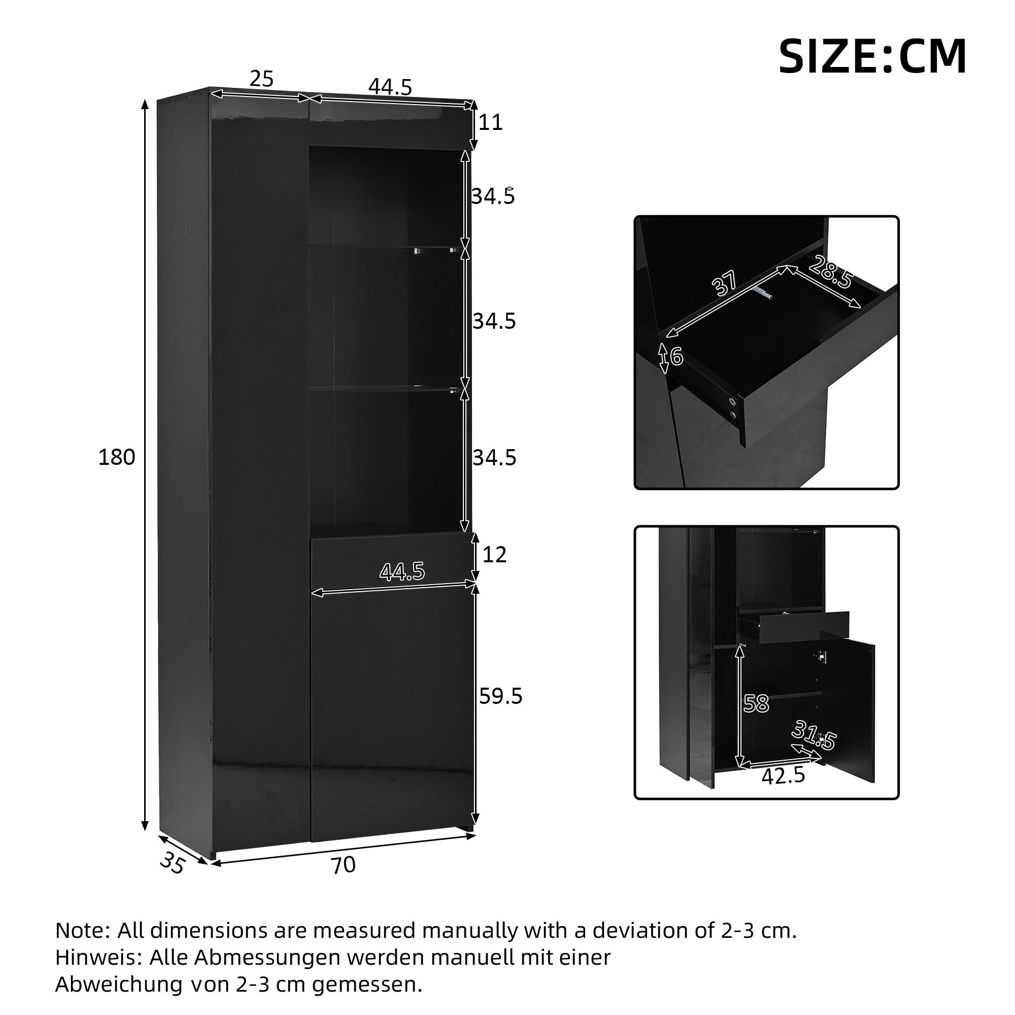 Vitrine Haute avec Tiroirs et Eclairage LED,Meuble Haut Vitré Autoportant,Charge Max 45kg,Rangement pour Salon