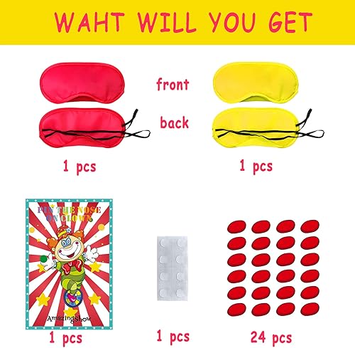 Miniatura 4 de Suministros de fiesta de circo, pin the narices en el payaso, decoración de juegos de fiesta de payaso de circo, póster grande con 24 calcomanías de