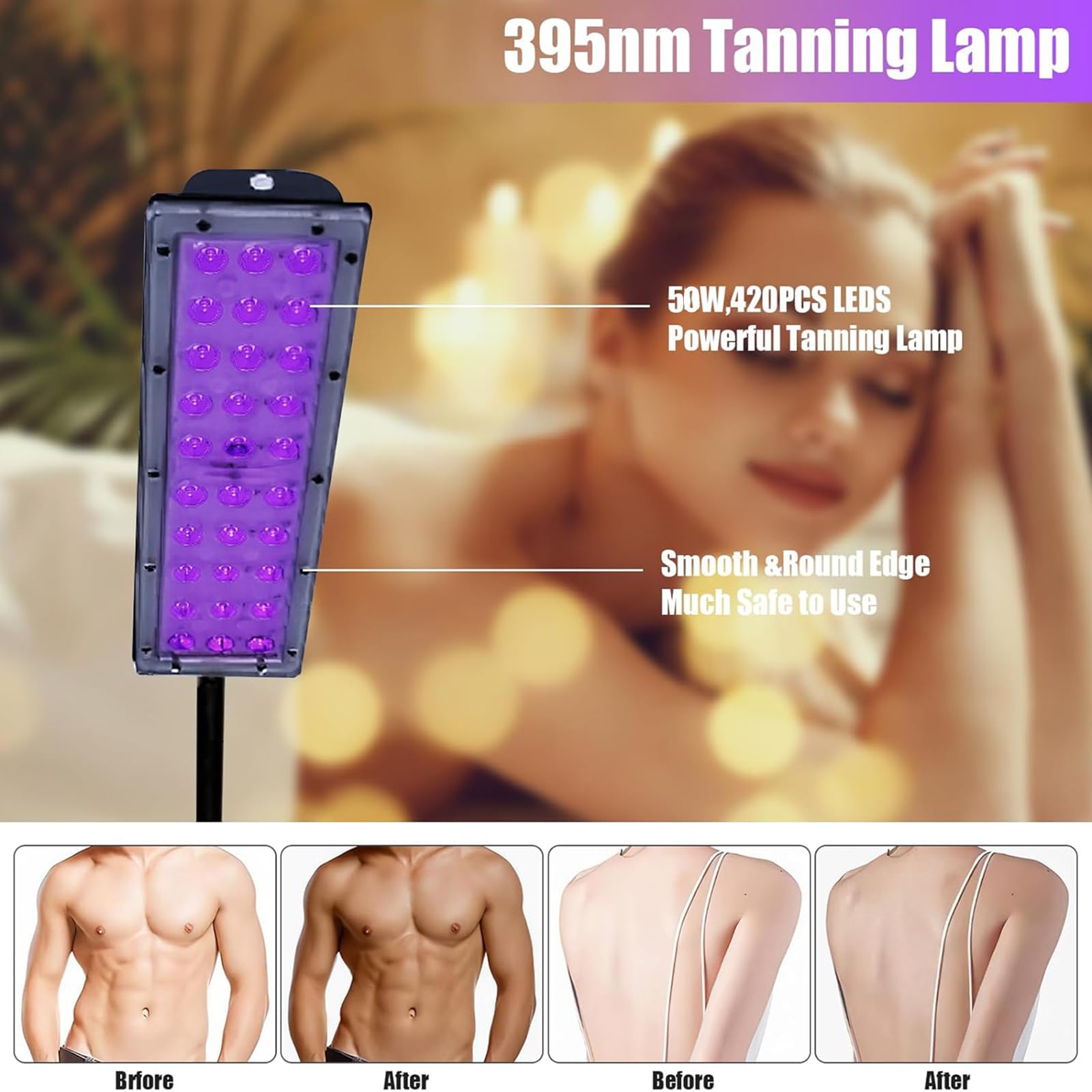 4-głowicowa lampa do opalania twarzy z 420 diodami LED i regulowanym uchwytem od 38 do 155 cm. Tryb oświetlenia z regulowanym czasem intensywności. Idealny do twarzy i ciała. Antyczna opalona skóra.