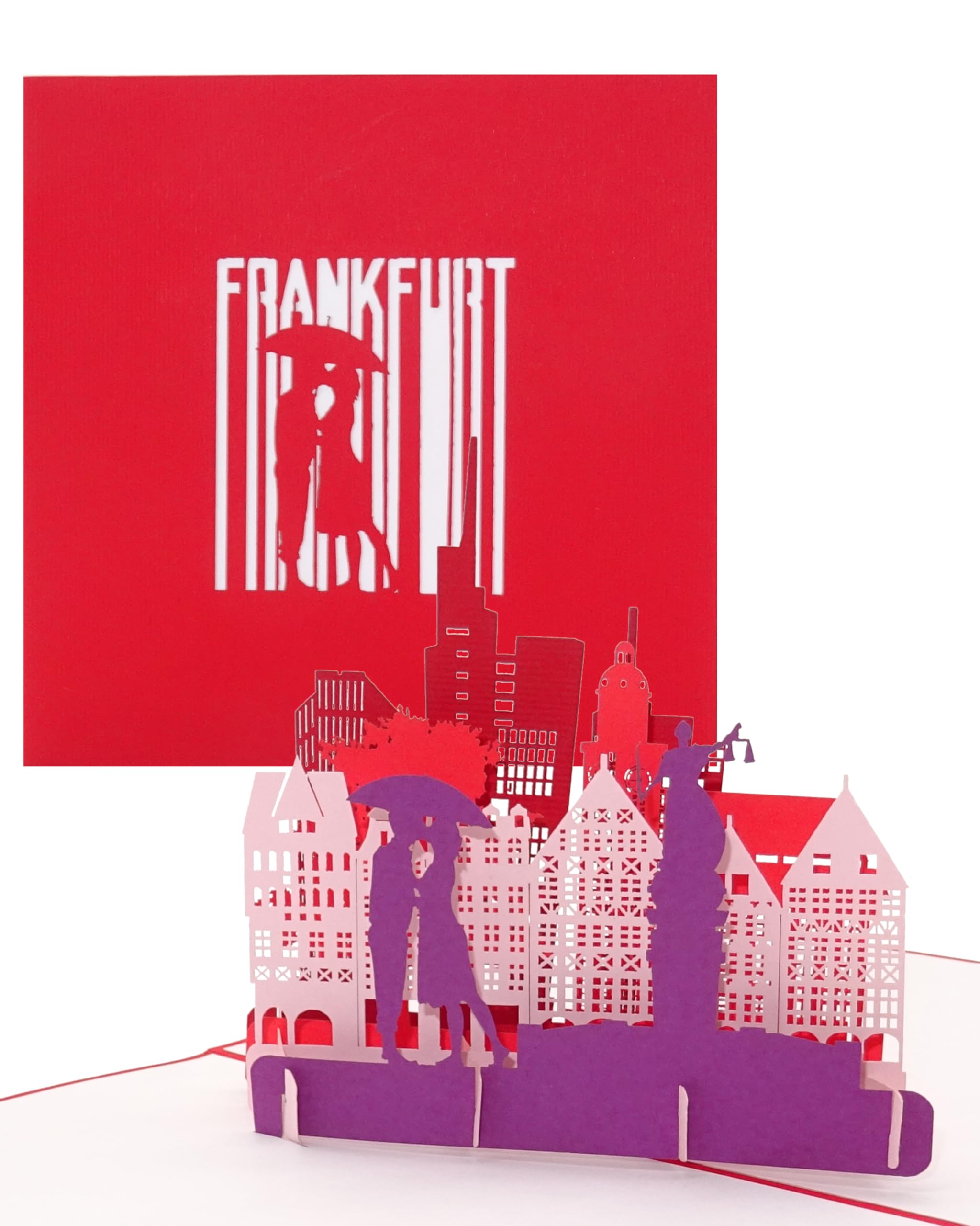 Frankfurt Skyline 3D Pop-Up Karte – Panorama-Ansicht Mit Altstadt & Dom, 15x15 Cm, Rot – Perfektes Souvenir Oder Geschenk Für Städtetrip