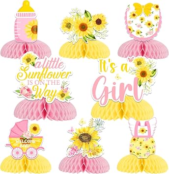 8 Pieces Sunflower Baby Shower Honeycomb Centerpieces, Pink Sun Flower Baby Shower Decorations for Girl, A Little Sunflower is On The Way Table Toppers for Pregnancy Newborn Party