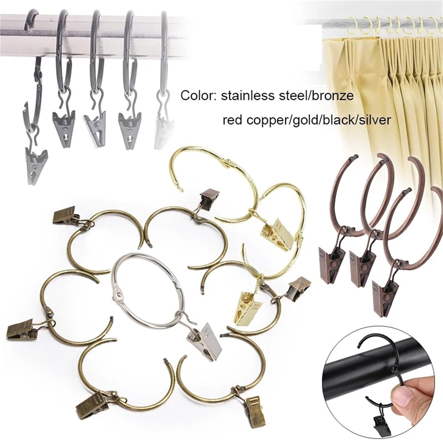 Curtain rings, Curtain Rings 40 PCS Metal Openable Clips Hooks for Home Decor(Red Bronze)