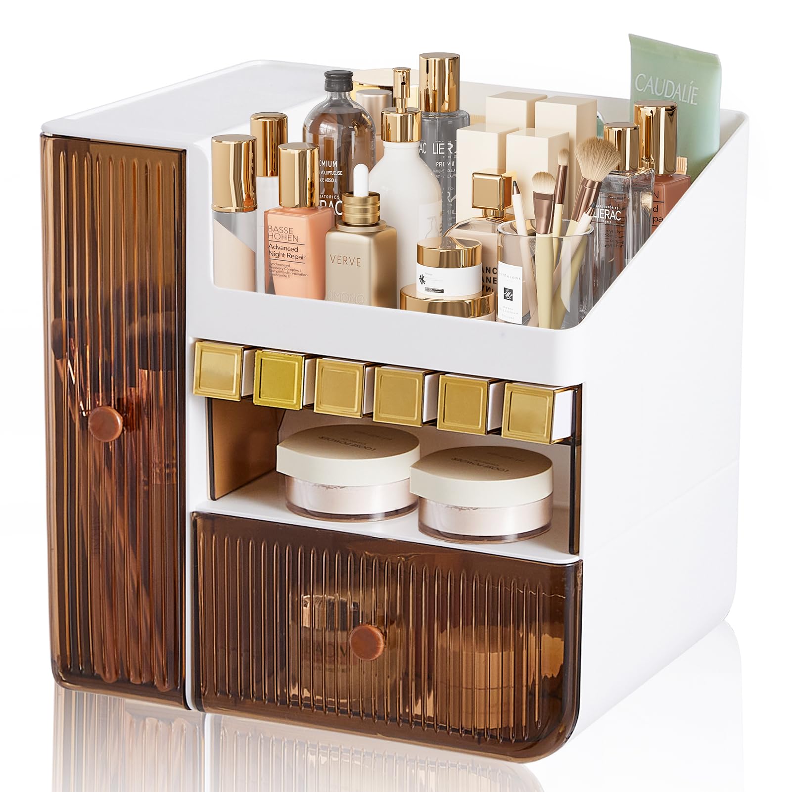 BTGGGMutifuctional Makeup Organiser with Makeup Brush Holder and Removable Lipstick Slots, Luxury Cosmetic Organiser with Drawers Skincare Storage Box for Bedroom Bathroom Dressing Table, White