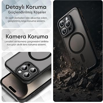 Minesk iPhone 15 için MagSafe ile Uyumlu MattCover Serisi Arkası Mat Polikarbonat Kenarları Silikon ve Köşeleri Güçlendirilmiş Kamera Korumalı ince Silikon Kılıf (Manyetik, 15)