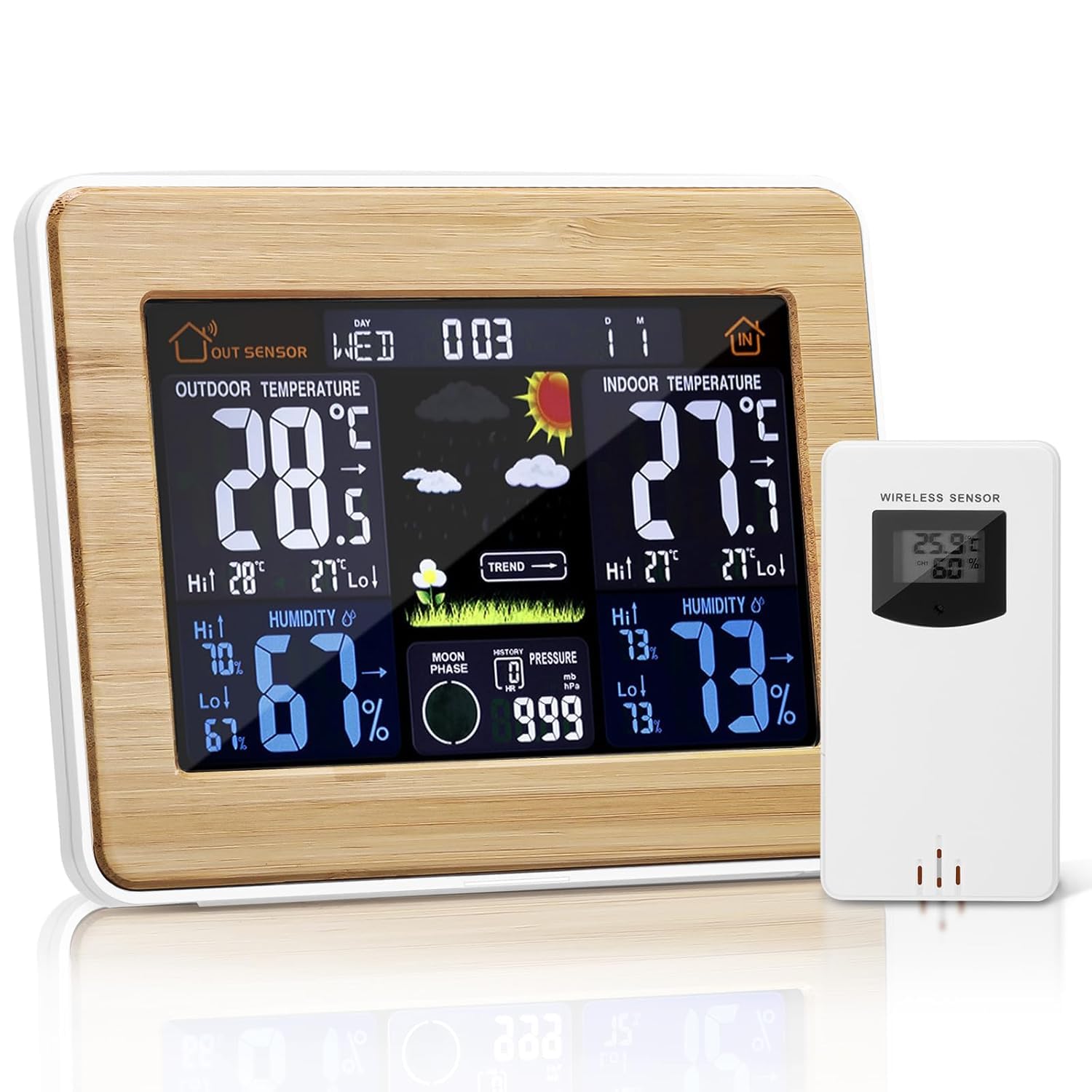 Wireless weather station with color display and remote sensor