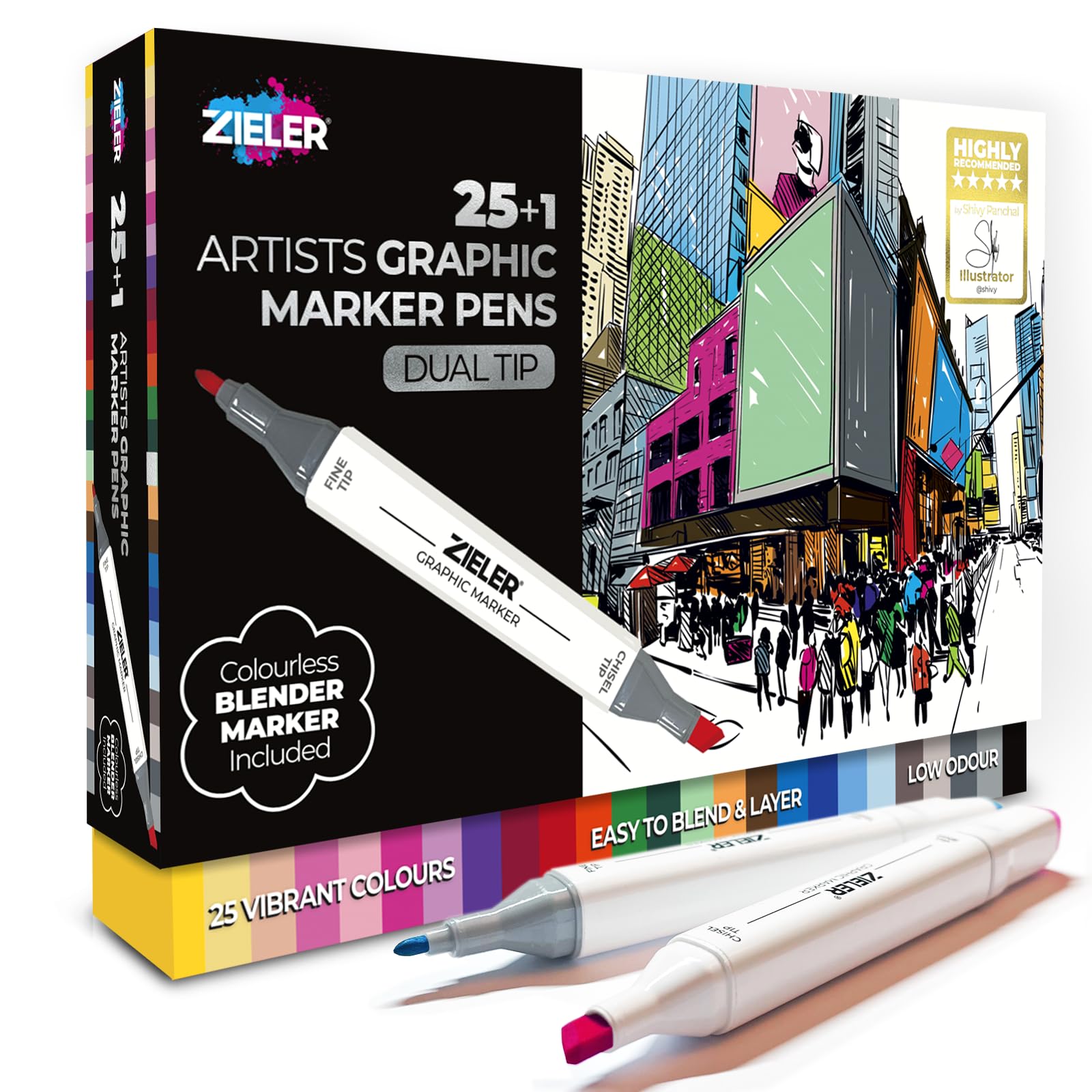 Zieler Graphic Marker Dual Tip Pens 25-Colour Set with Blender Pen