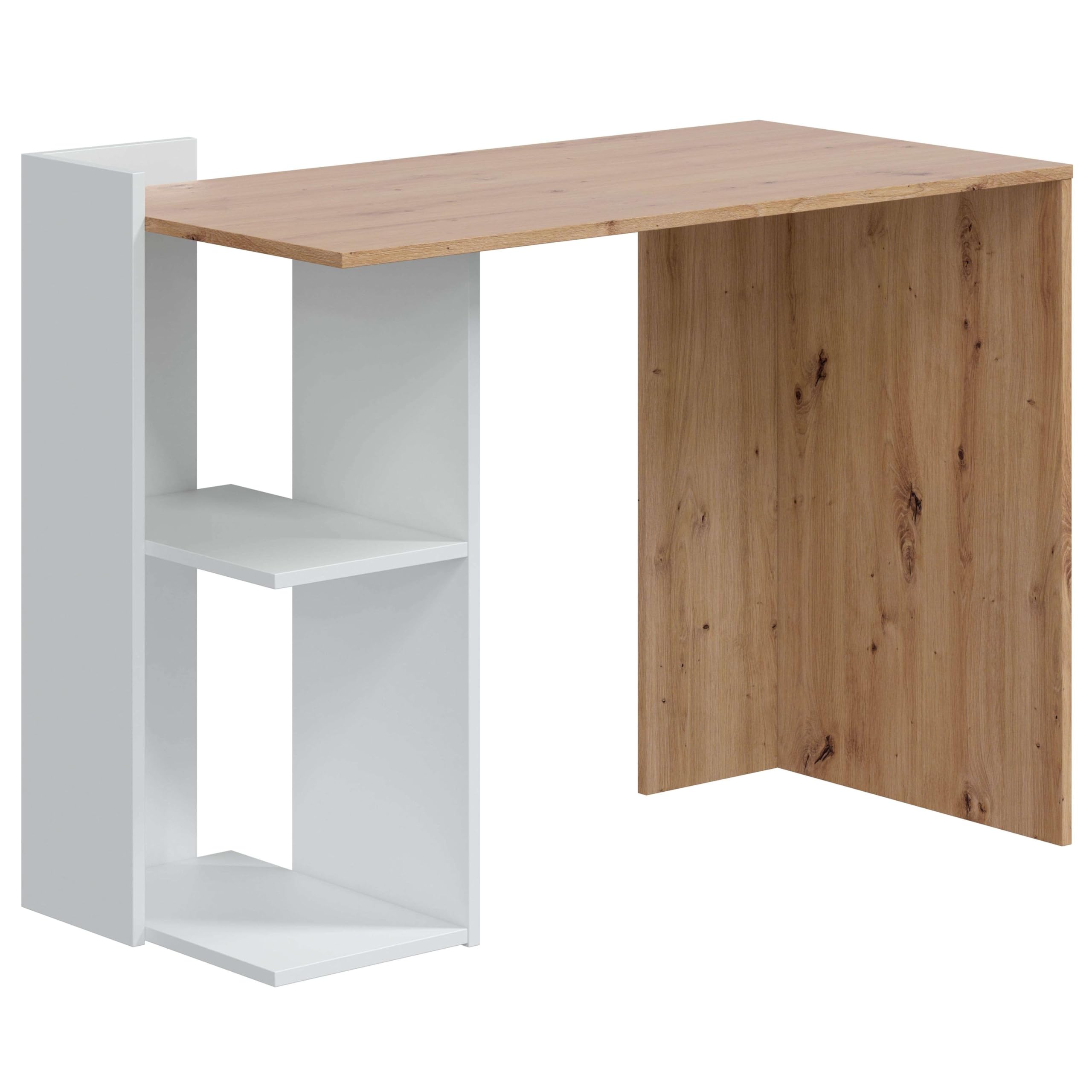 Habitdesign - Mesa de Estudio Reversible con Estantes, Escritorio, Mesa de Despacho, Color Roble Nodi y Blanco Artik, 100x78x52 cm - Modelo Kenia
