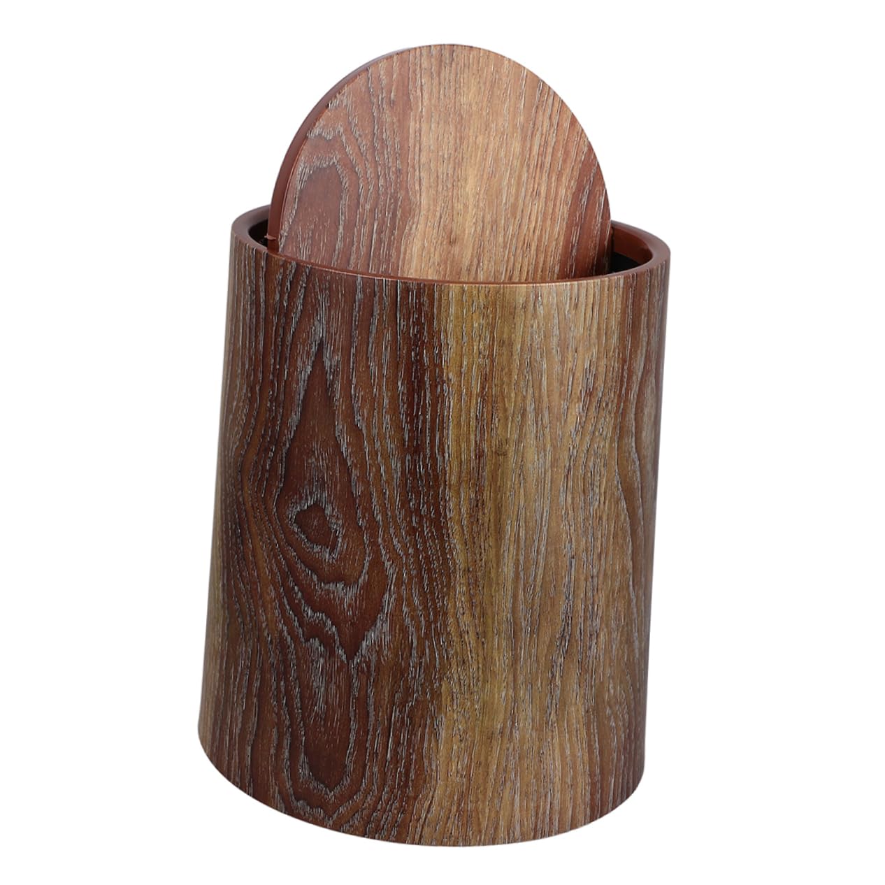 Imitation Wood Grain Trash Can Dual-Layer Swing Lid 10L Plastic Wastebasket for Home Office and Bathroom