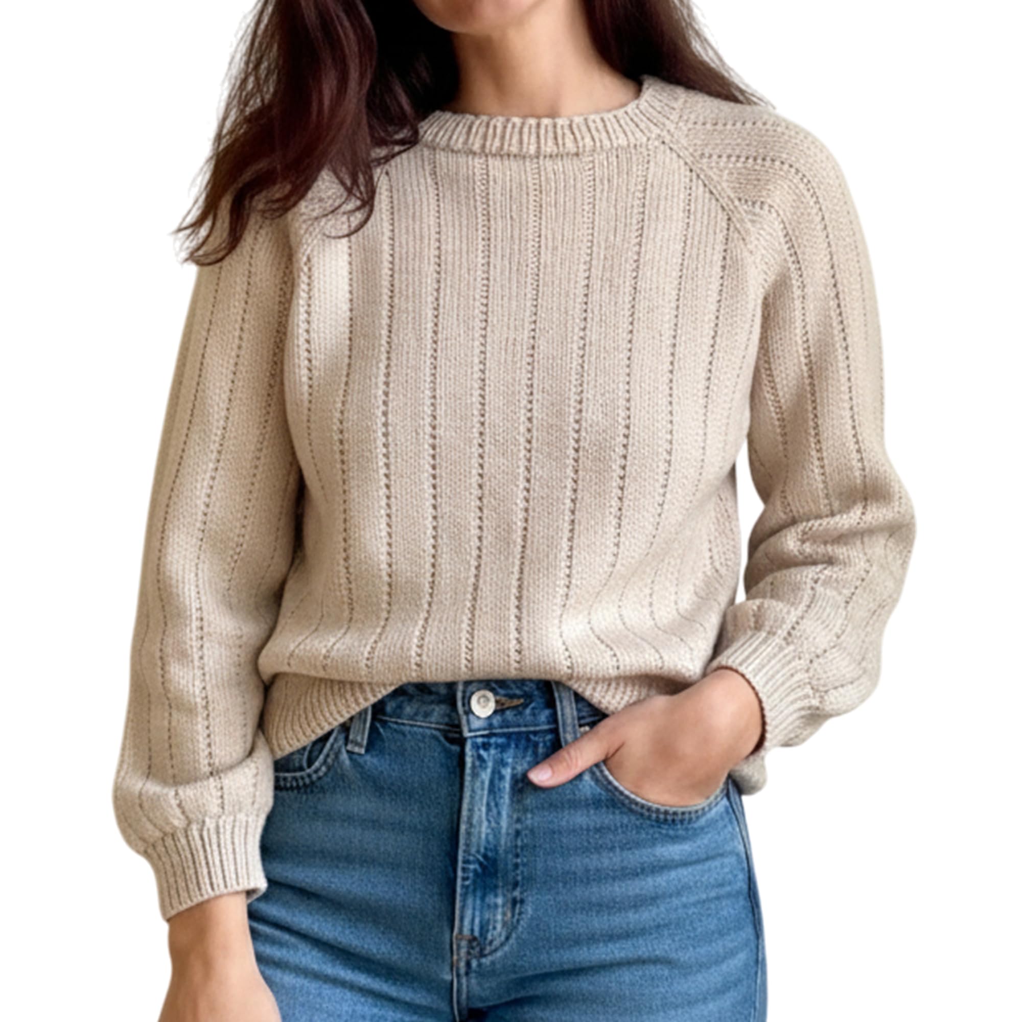 Womens Ribbed Knit Sweater Crewneck Long Sleeve Lightweight Knit Loose Fit Pullover Top Trendy Outfits Casual Soft Knitwear