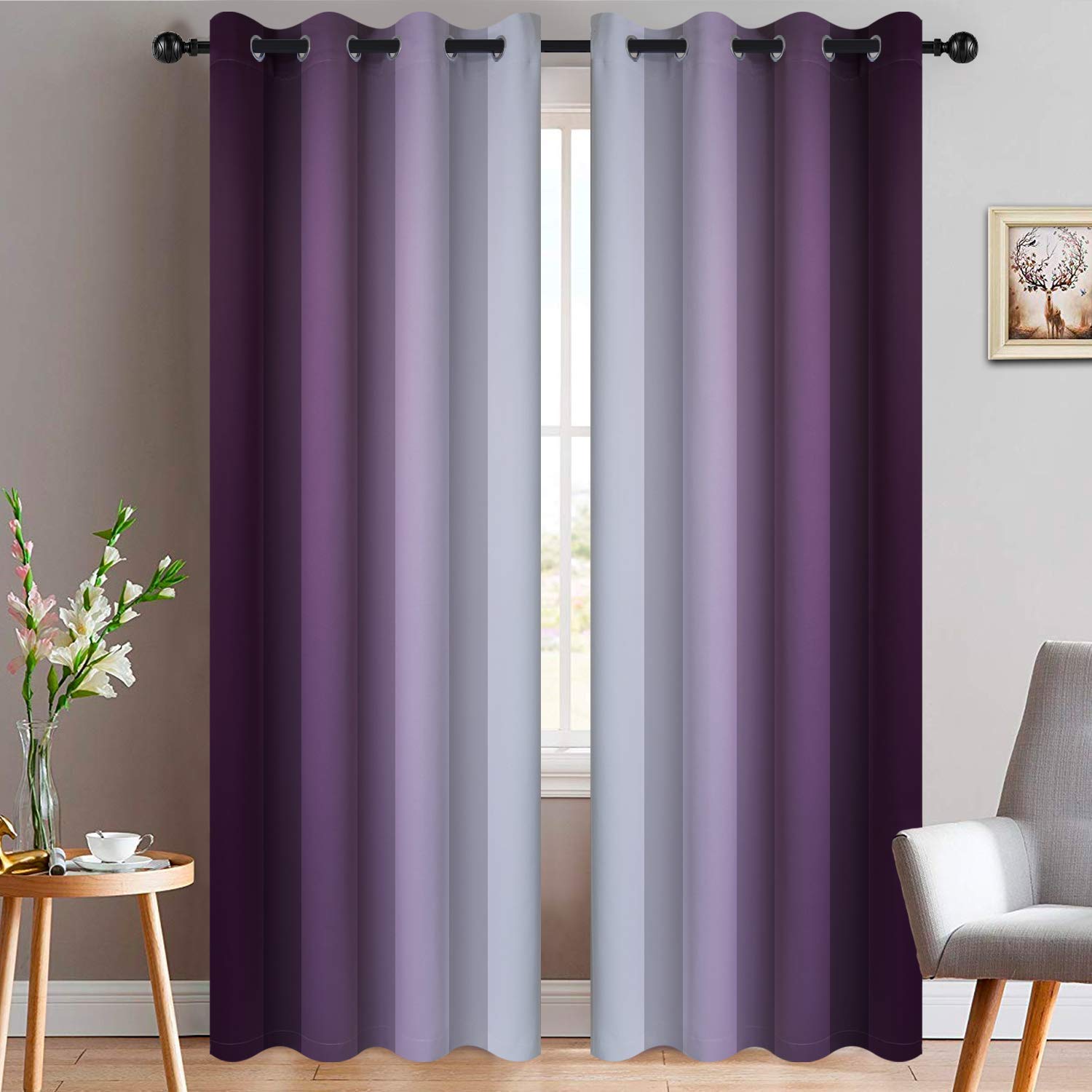 Yakamok Room Darkening Gradient Color Ombre Curtains, Light Blocking Thermal Insulated Grommet Window Drapes for Living Room/Bedroom (Greyish White and Purple, 2 Panels, 52x96 Inch) — image 1