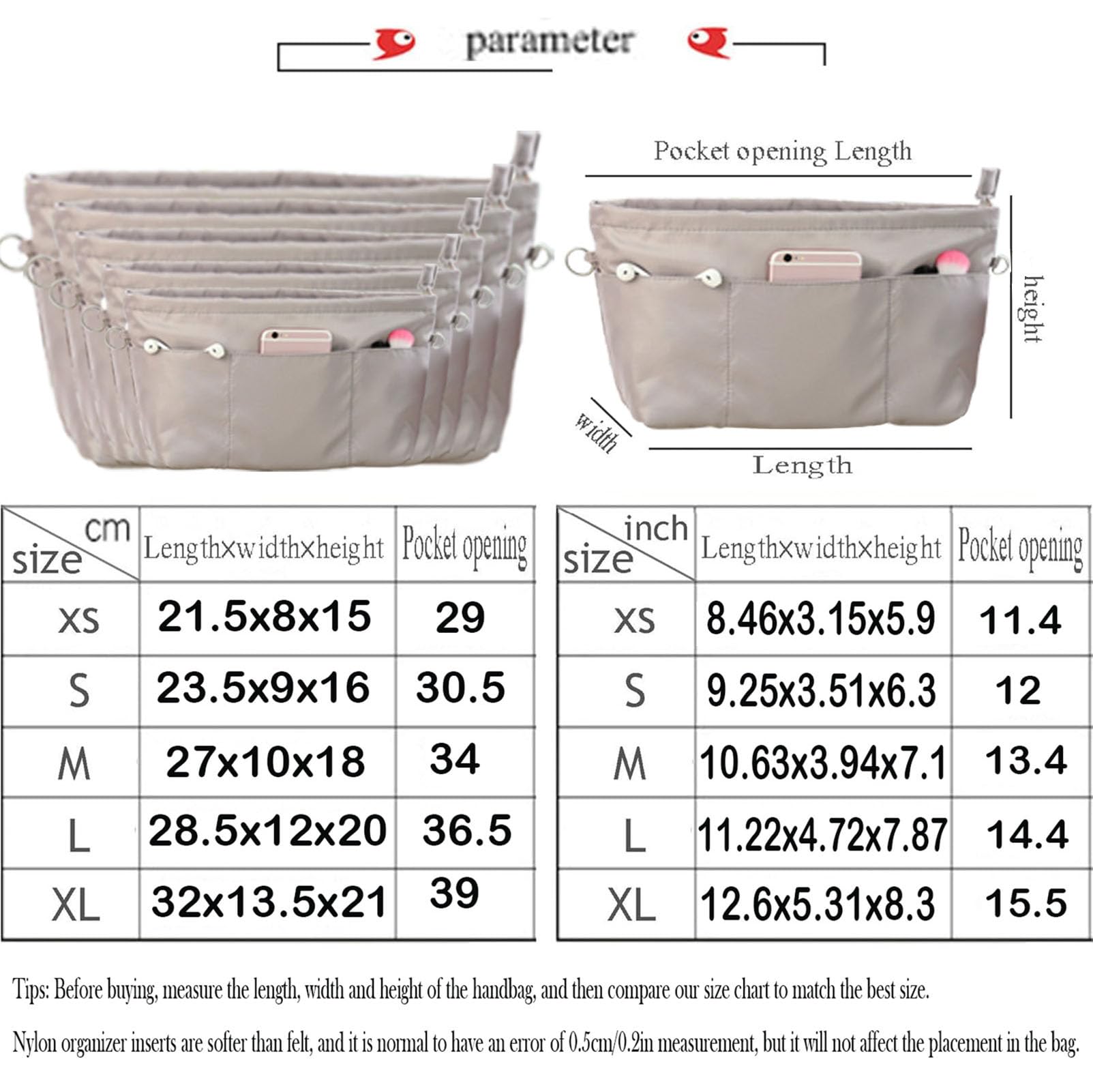 Lckaey El organizador de bolso para bolso Neverfull es compatible con más marcas similares de bolsas de mano, organizador de nailon 3055gris-XL