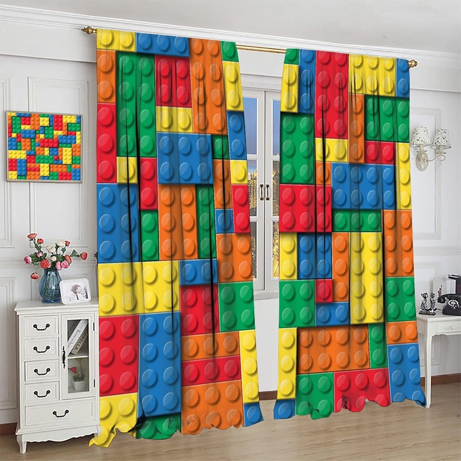 Colorful Toy Curtains for Kids Bedroom,3D Design Building Brick Blocks Printed Window Treatments for Boys Girls Room Living Room Study Nursery Drapes 2 Panels Set,Total Size 42 x 45 Inch