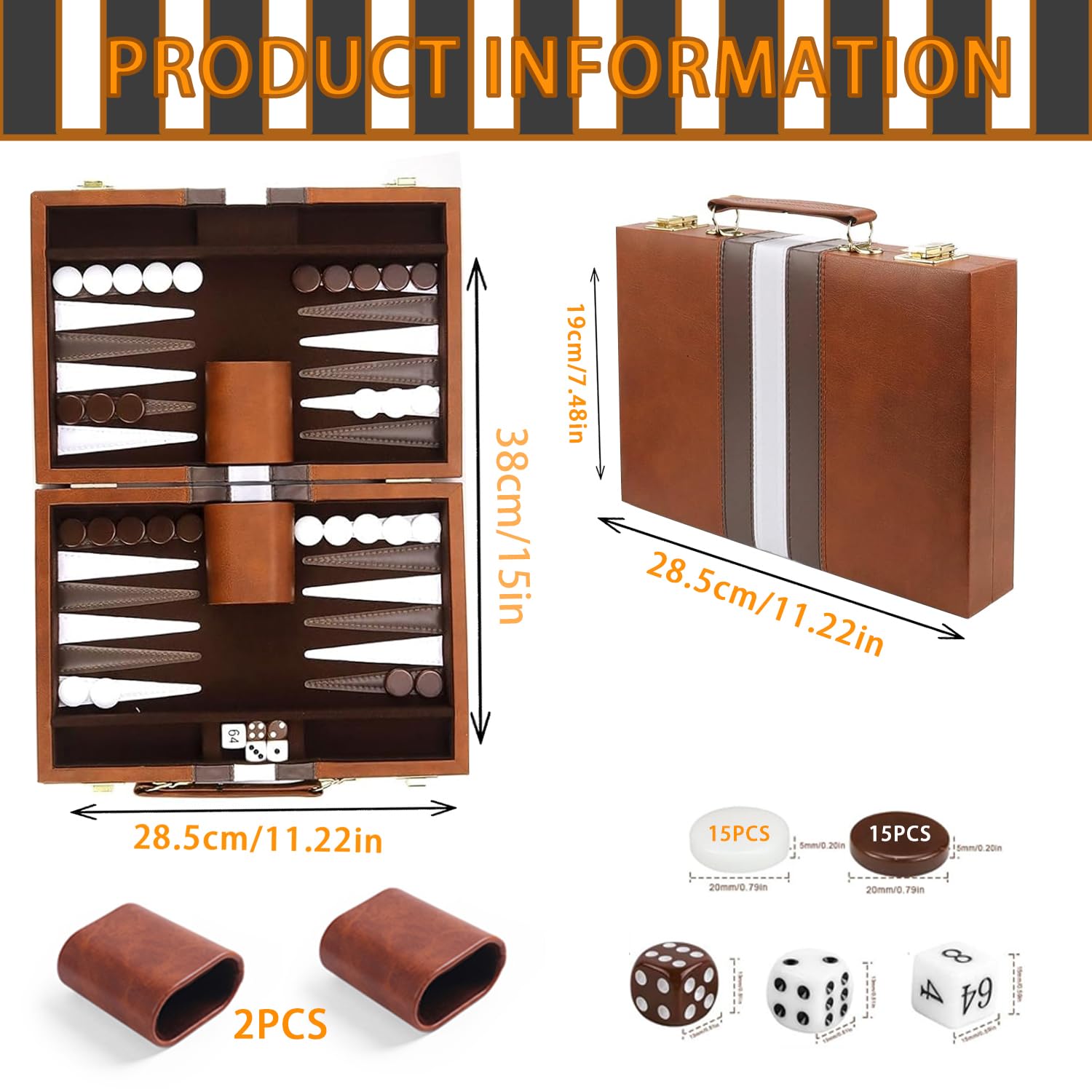 Backgammon Set Koffer für 2 Spieler Klassisches 11 Zoll Brettspiel mit Hochwertiger Ledertasche Tragbares und Reise Backgammon-Set (11 Zoll, Braun)