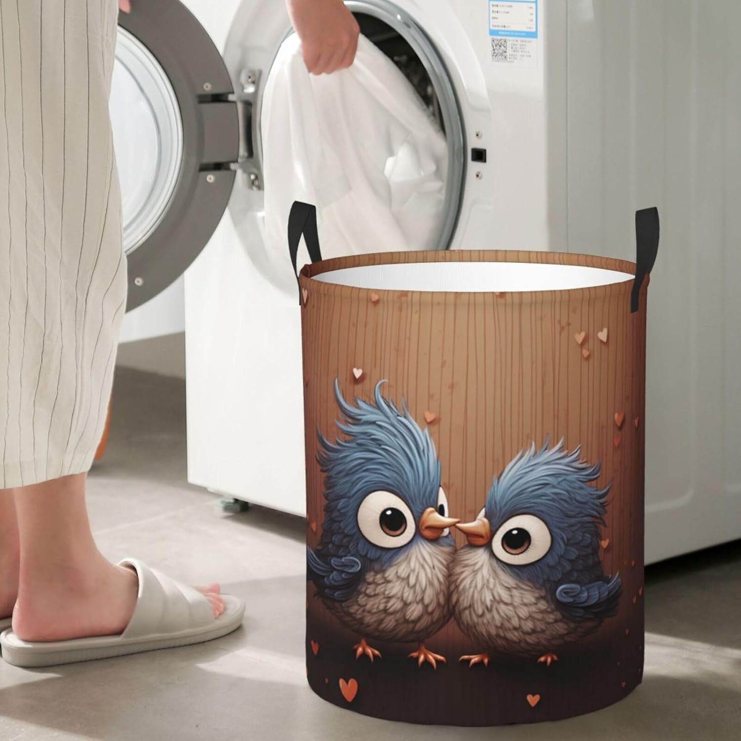 Love Birdie Stripe Laundry Basket With Handles, Foldable Laundry Hamper Oxford Cloth Dirty Clothes Basket Waterproof Clothes Toys Storage Bin Organizer for Bedroom Bathroom Dorm
