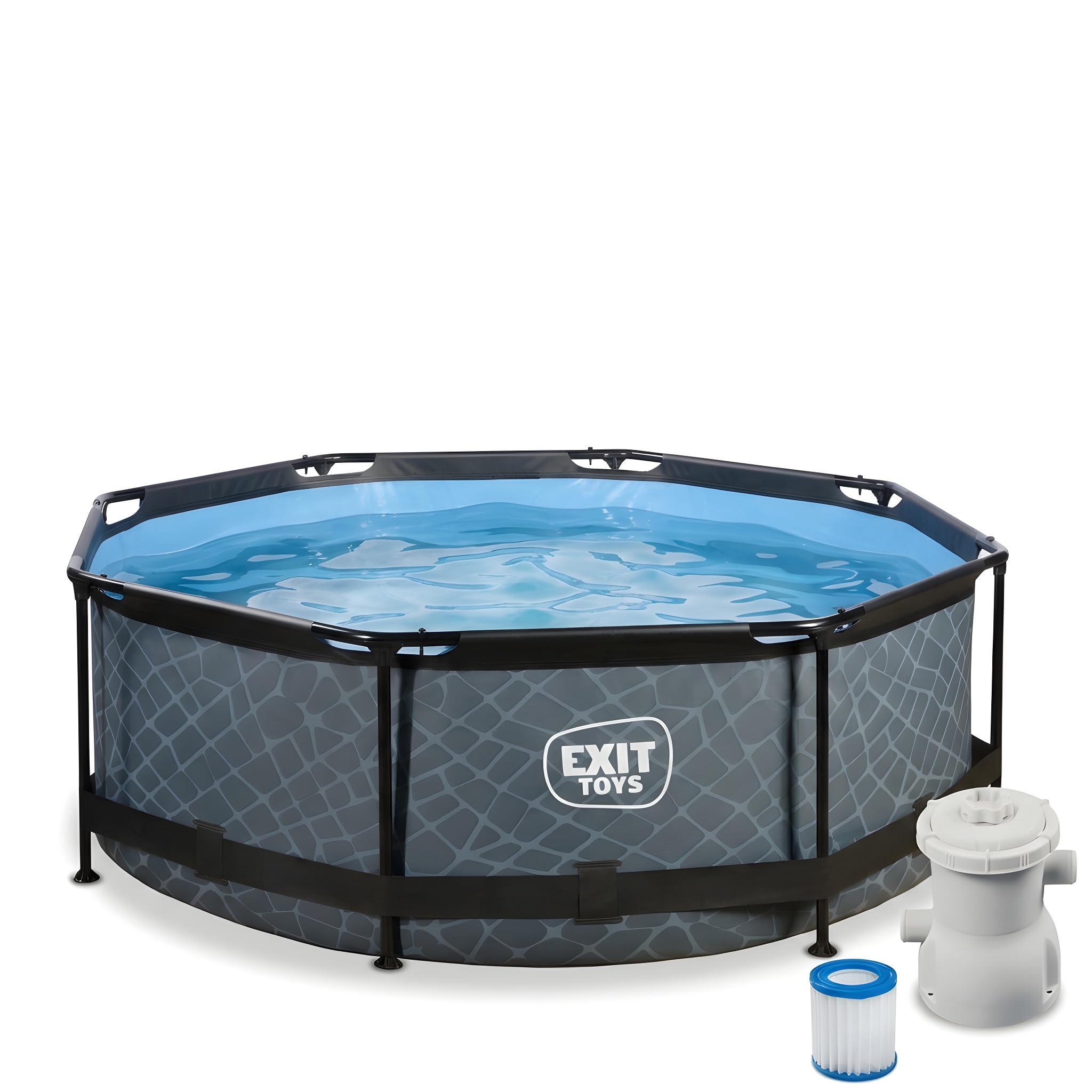 EXIT Toys Stone Pool - ø244x76cm - Piscina de Marco Redondo con Bomba de Filtro de Cartucho - Fácil Acceso - Adecuada para Niños Pequeños - Marco Robusto - Diseño Único - Gris