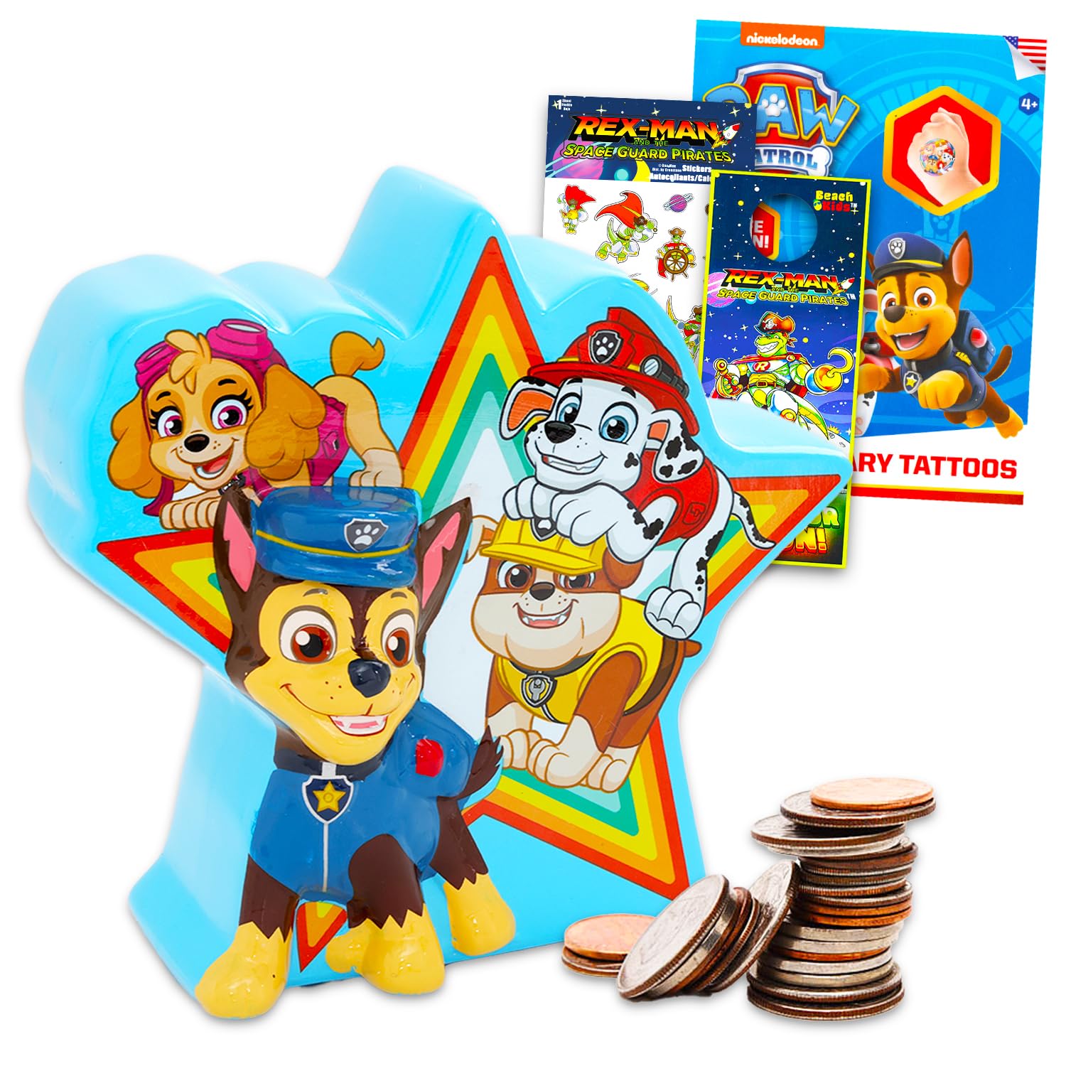 Paw Patrol Kids Money Bank Set - Ceramic Piggy Bank Plus Stickers, Tattoos